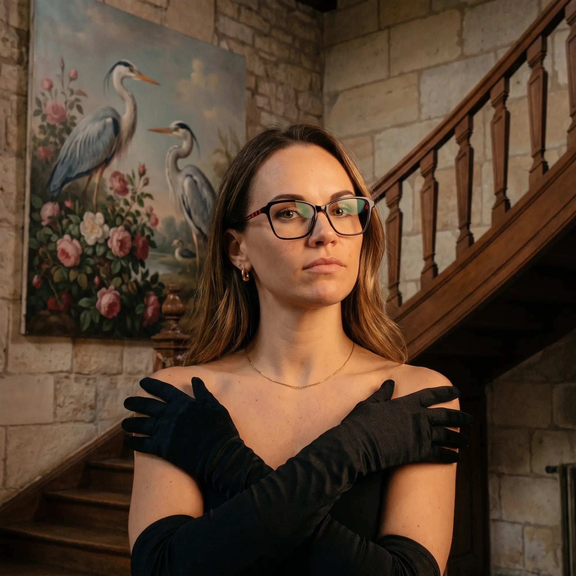 Fiore 1006 eyeglasses in black, worn by a model – campaign portrait, manor interior, heron painting and opera gloves