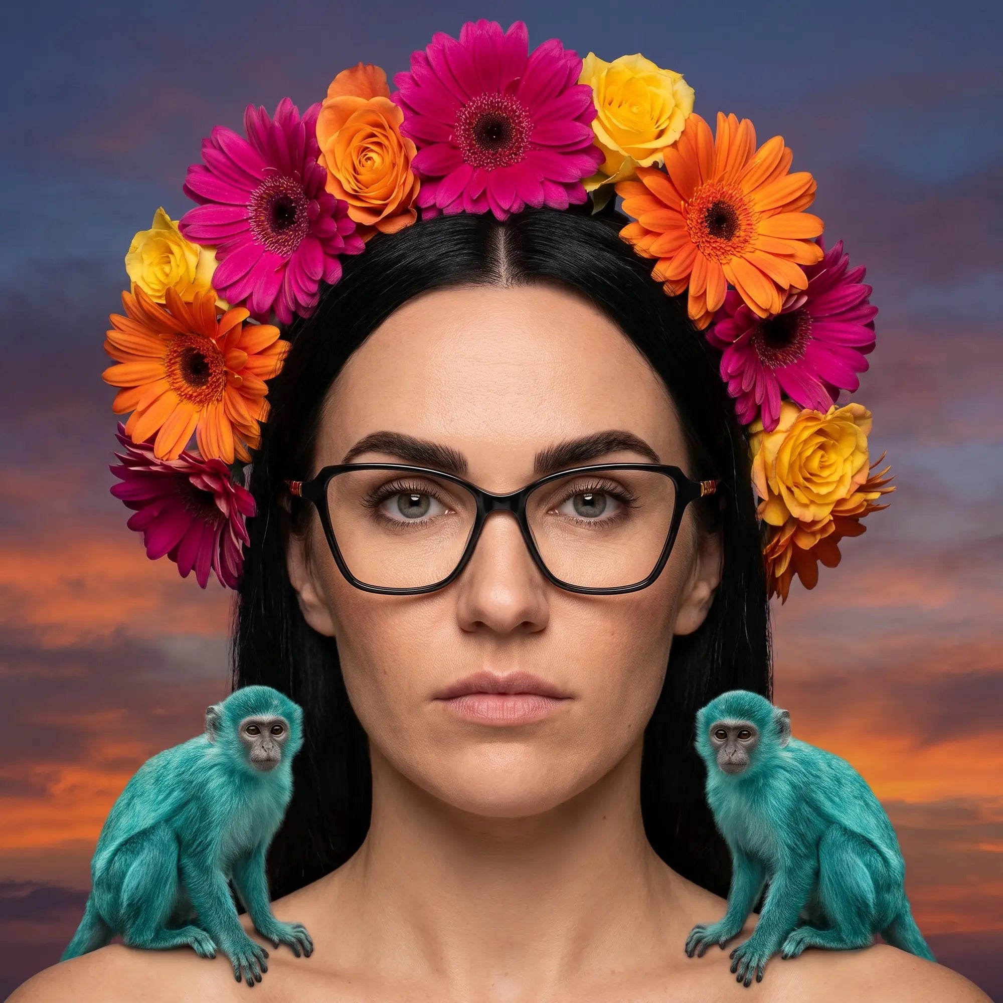 Fiore 1006 eyeglasses in black, worn by a model – campaign portrait, surreal painted portrait with flower crown