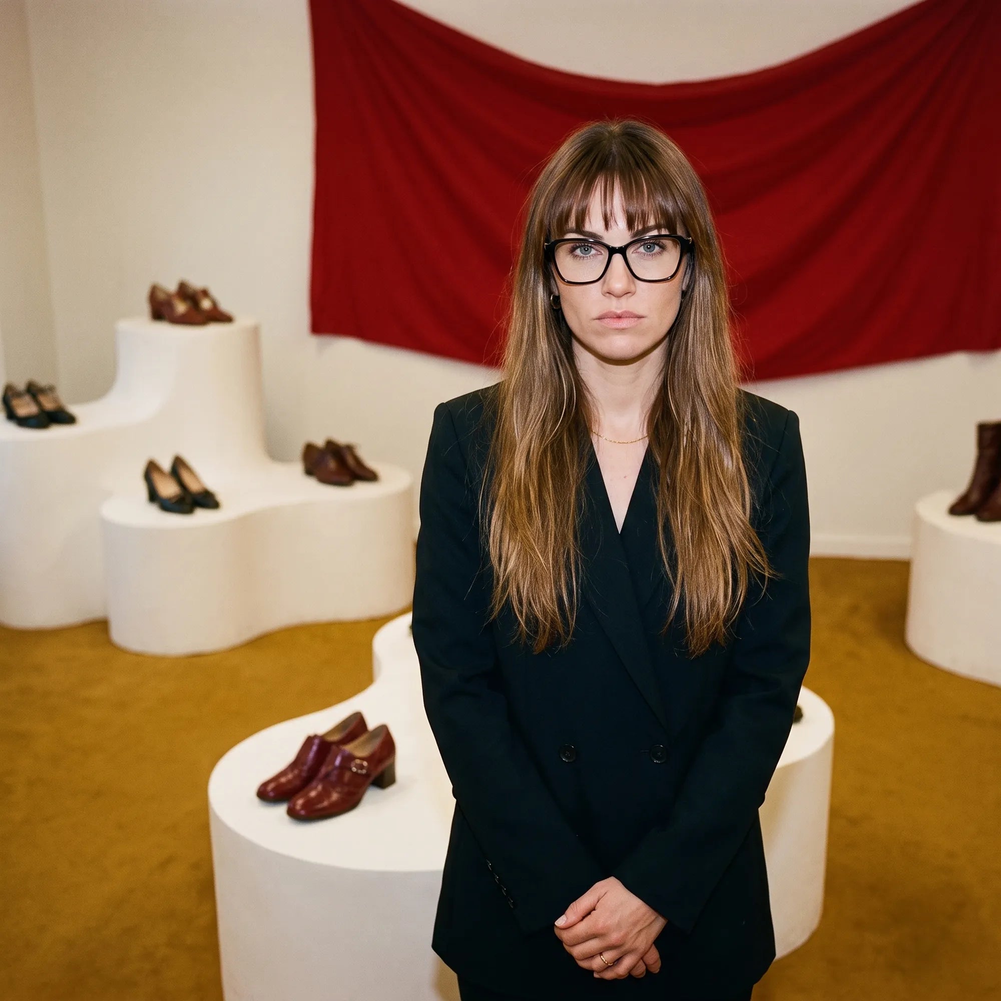 Fiore 1006 eyeglasses in black, worn by a model – campaign portrait, gallery scene with red curtain and plinths