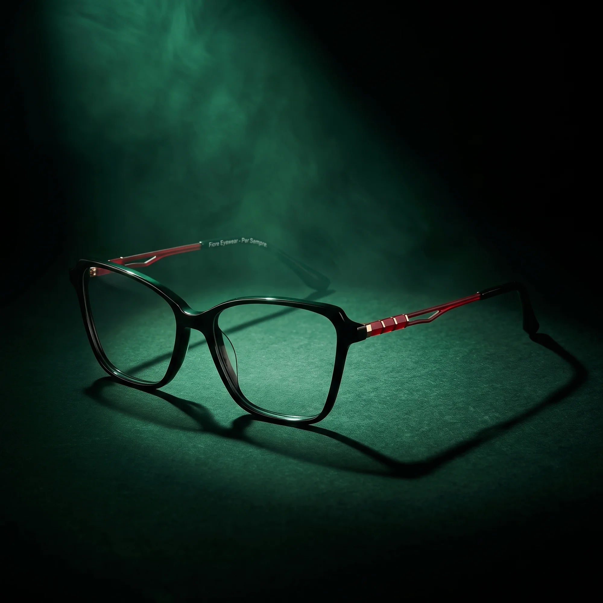 Fiore 1006 eyeglasses in black – under a theatrical beam of light