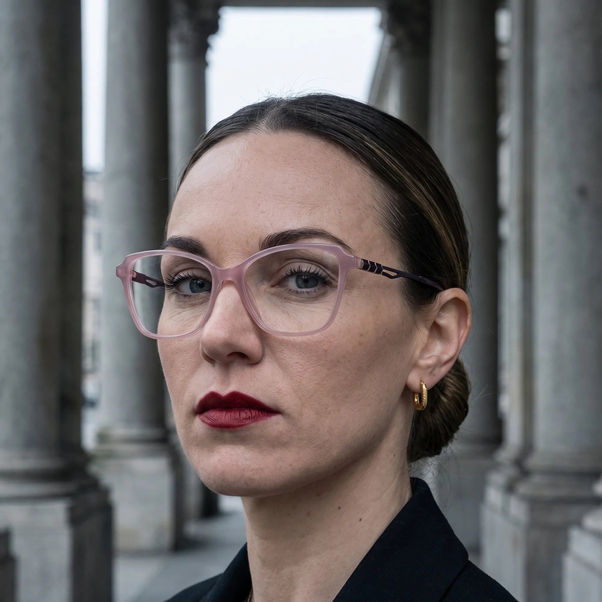 Fiore 1006 eyeglasses in pink, worn by a model – campaign portrait, moody autumn portrait between stone columns