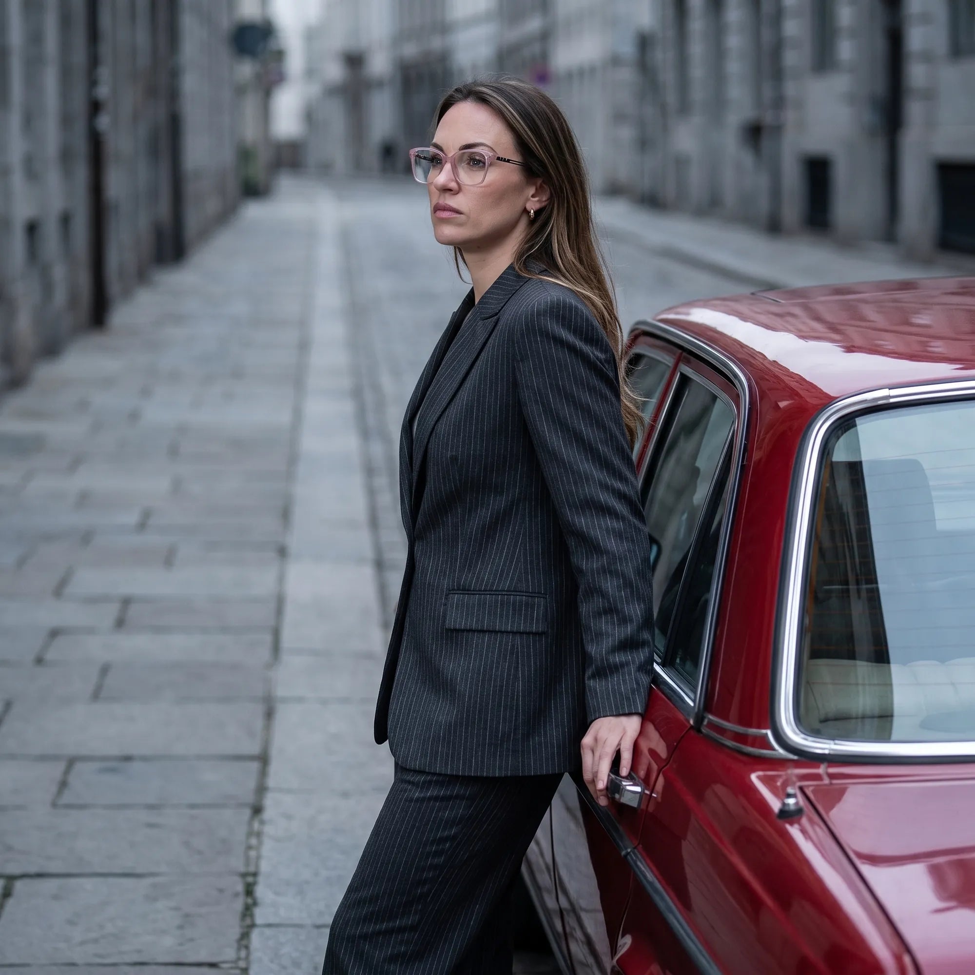 Fiore 1006 eyeglasses in pink, worn by a model – campaign portrait, pinstripe suit beside a classic red car