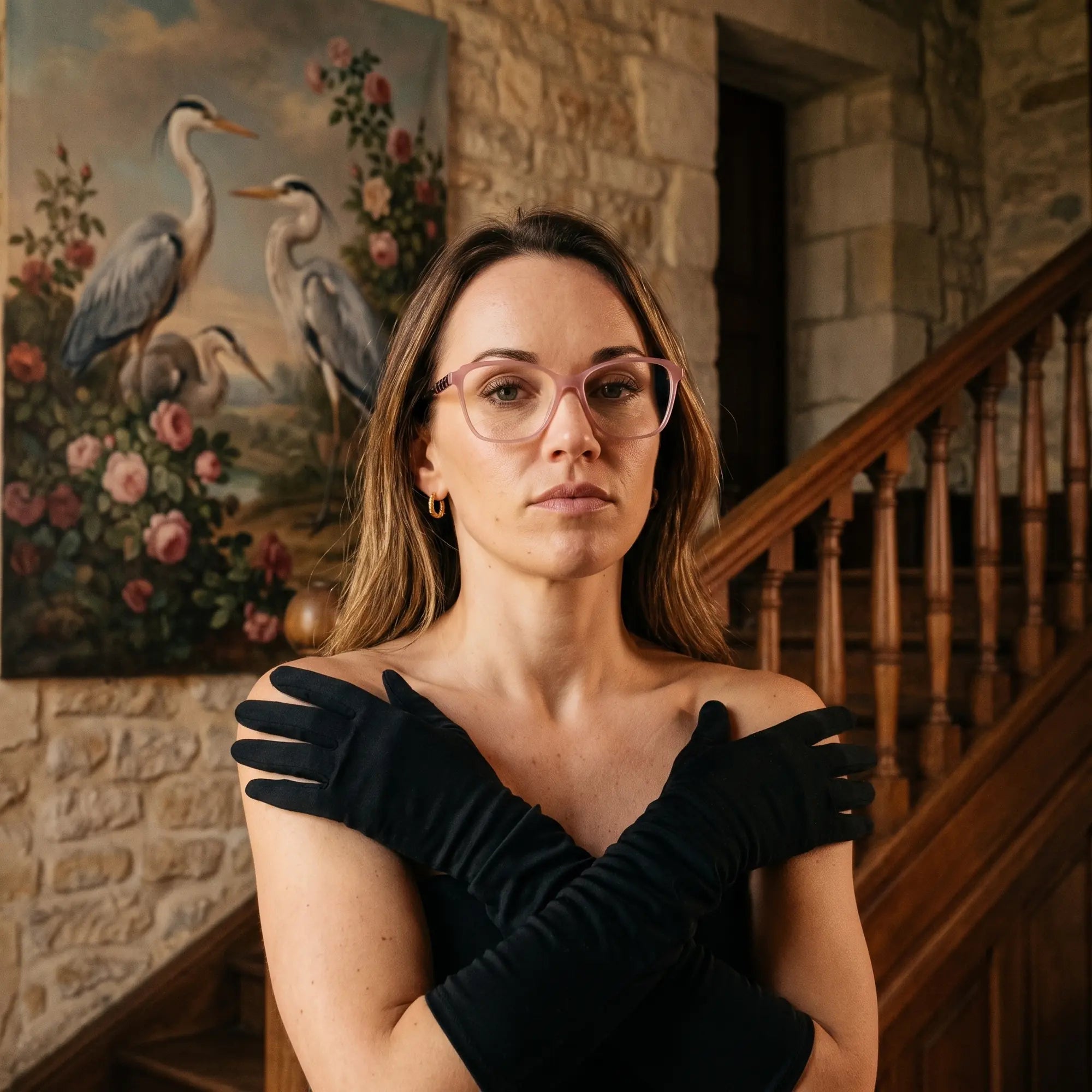 Fiore 1006 eyeglasses in pink, worn by a model – campaign portrait, manor interior, heron painting and opera gloves