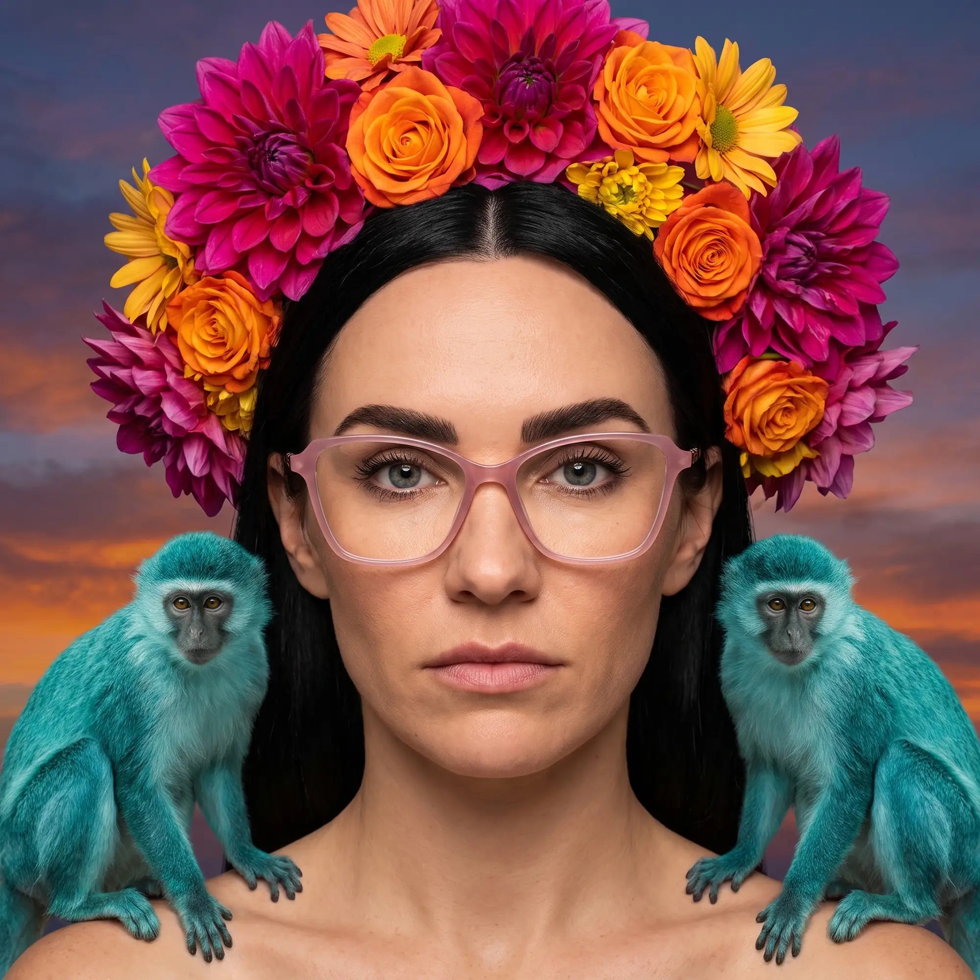 Fiore 1006 eyeglasses in pink, worn by a model – campaign portrait, surreal painted portrait with flower crown