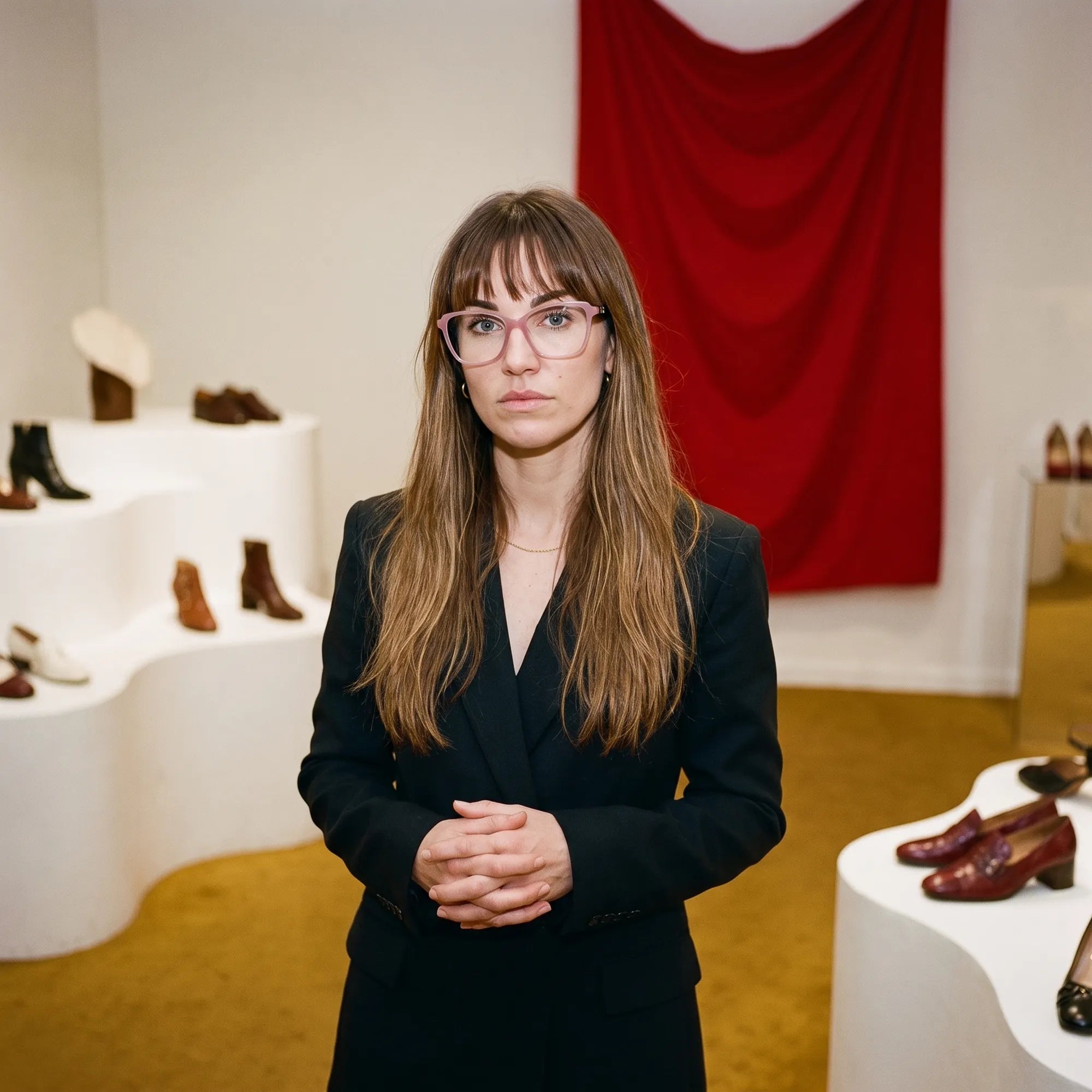 Fiore 1006 eyeglasses in pink, worn by a model – campaign portrait, gallery scene with red curtain and plinths