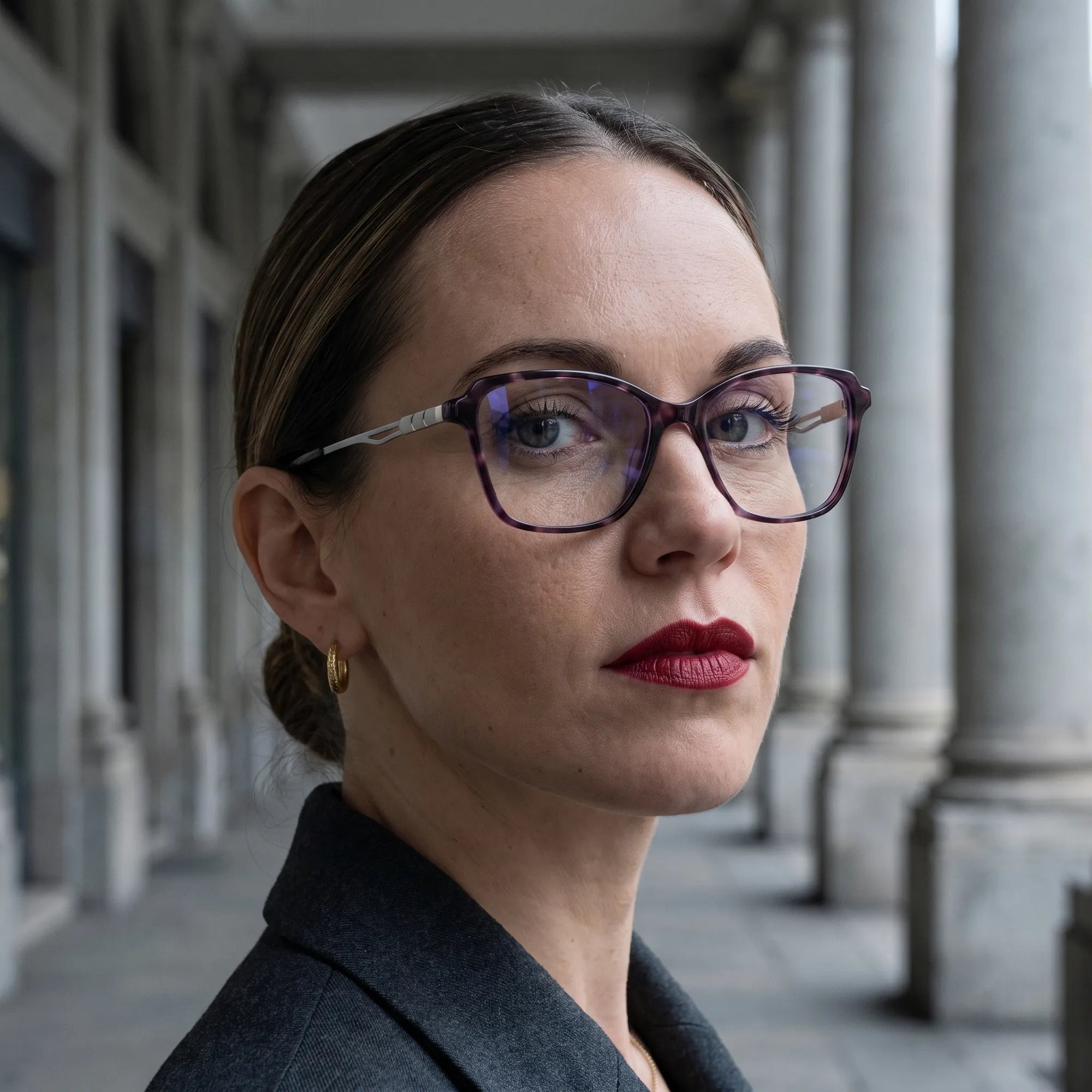 Fiore 1006 eyeglasses in purple, worn by a model – campaign portrait, moody autumn portrait between stone columns