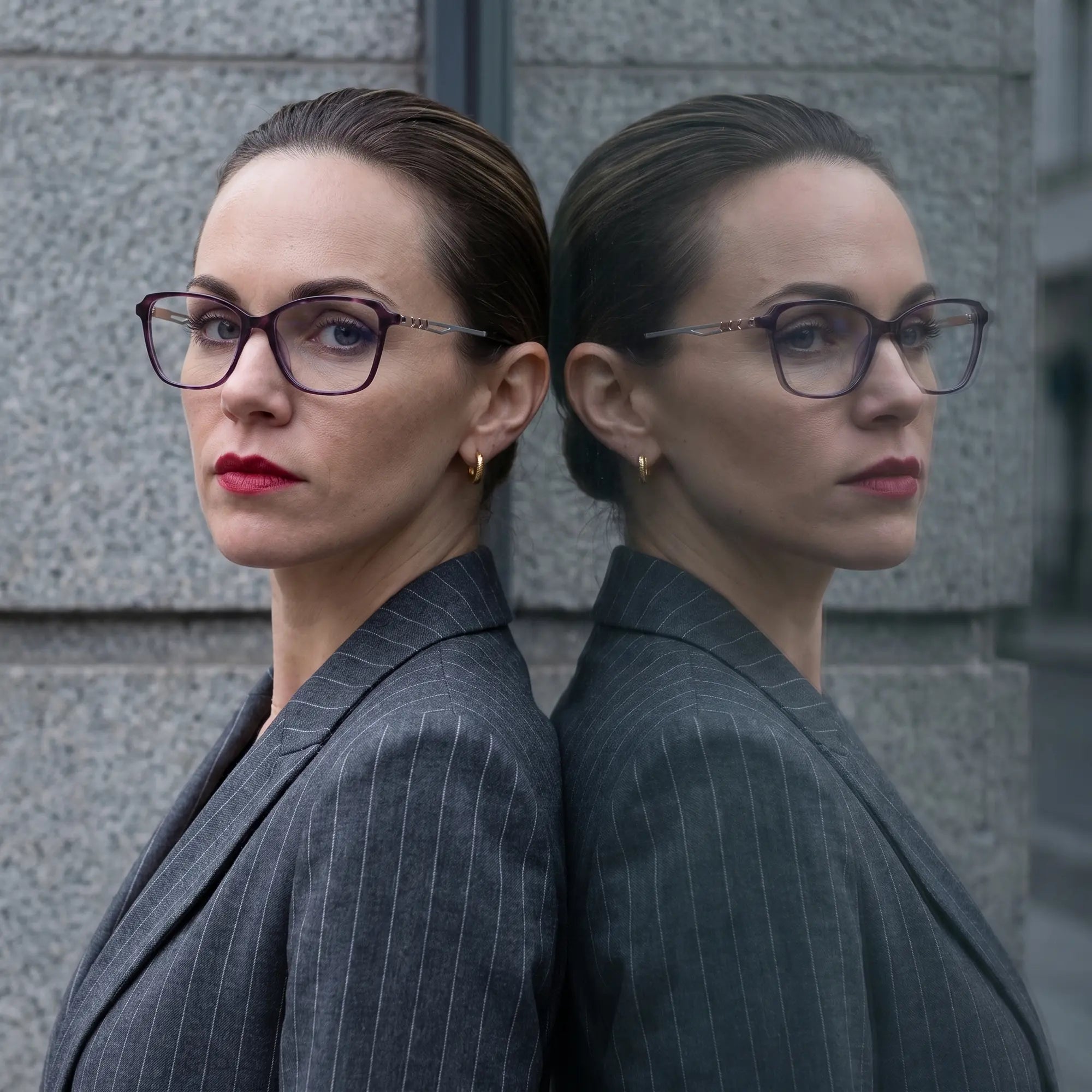 Fiore 1006 eyeglasses in purple, worn by a model – campaign portrait, overcast-city autumn street style