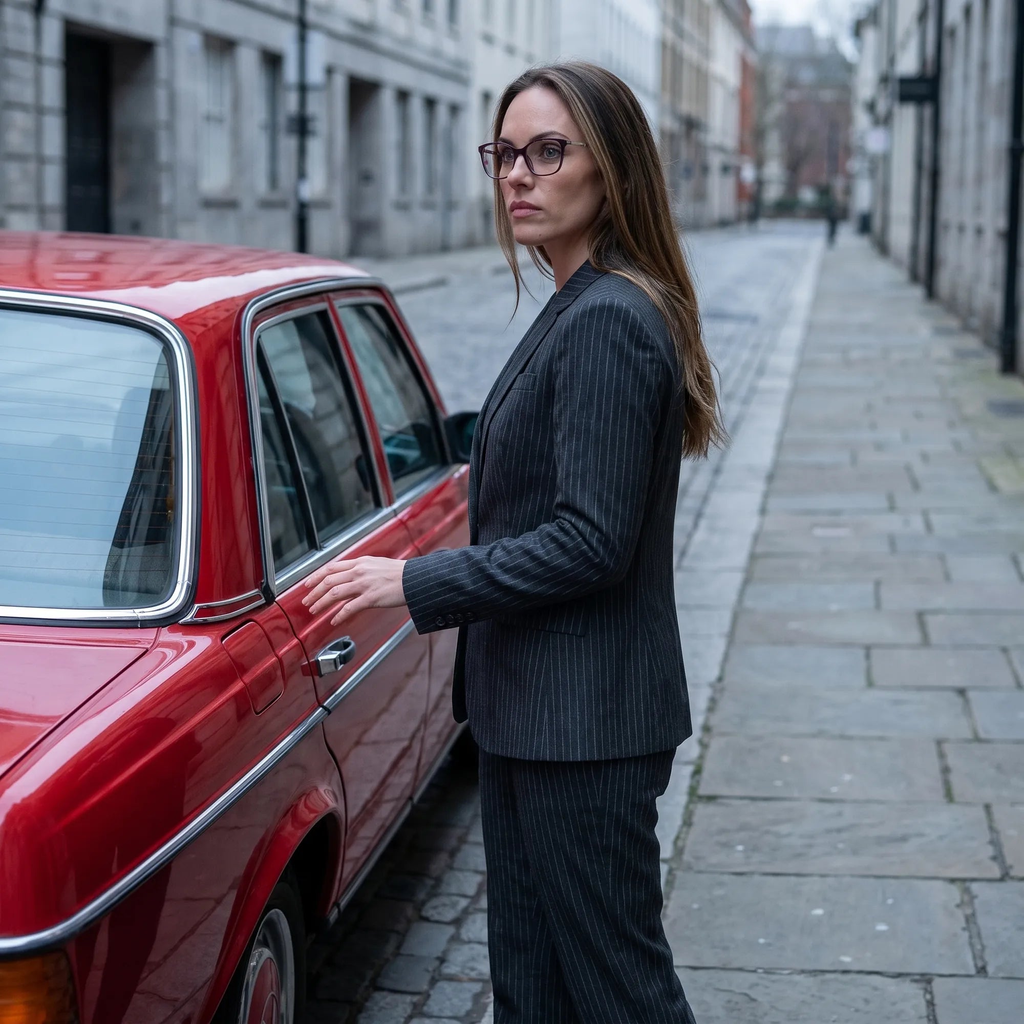 Fiore 1006 eyeglasses in purple, worn by a model – campaign portrait, pinstripe suit beside a classic red car