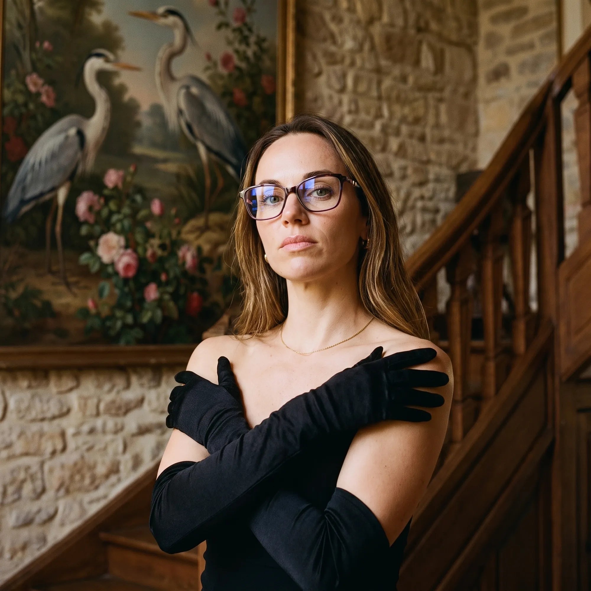 Fiore 1006 eyeglasses in purple, worn by a model – campaign portrait, manor interior, heron painting and opera gloves
