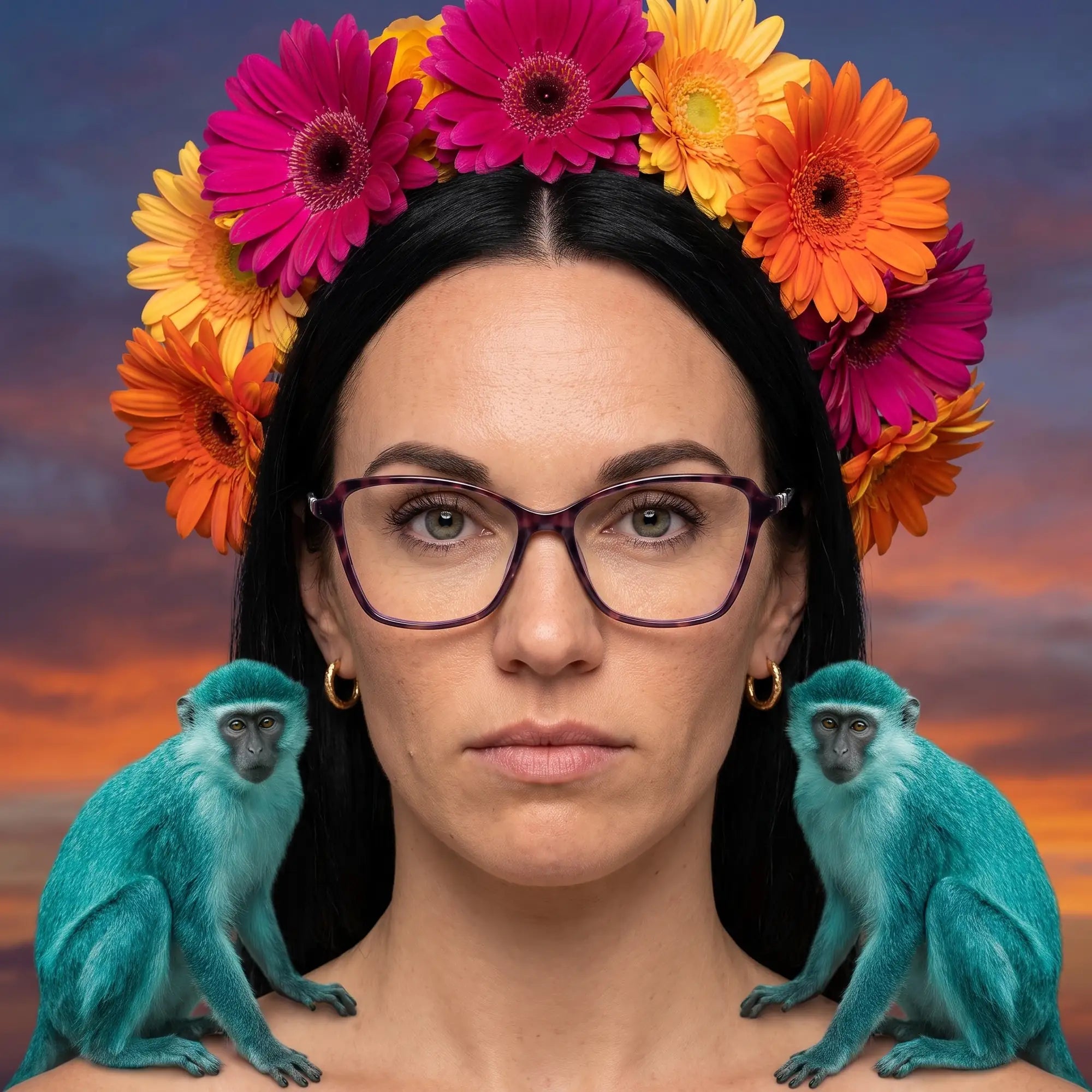 Fiore 1006 eyeglasses in purple, worn by a model – campaign portrait, surreal painted portrait with flower crown