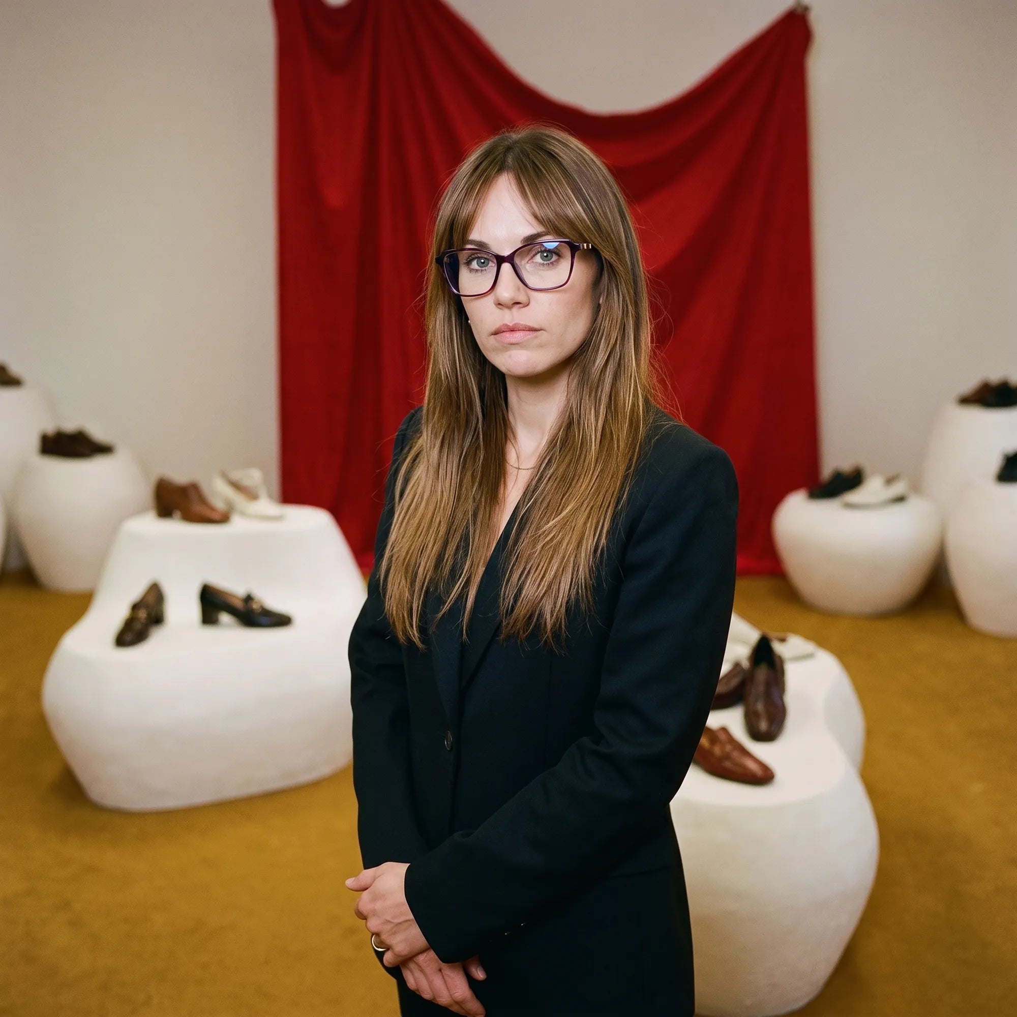 Fiore 1006 eyeglasses in purple, worn by a model – campaign portrait, gallery scene with red curtain and plinths