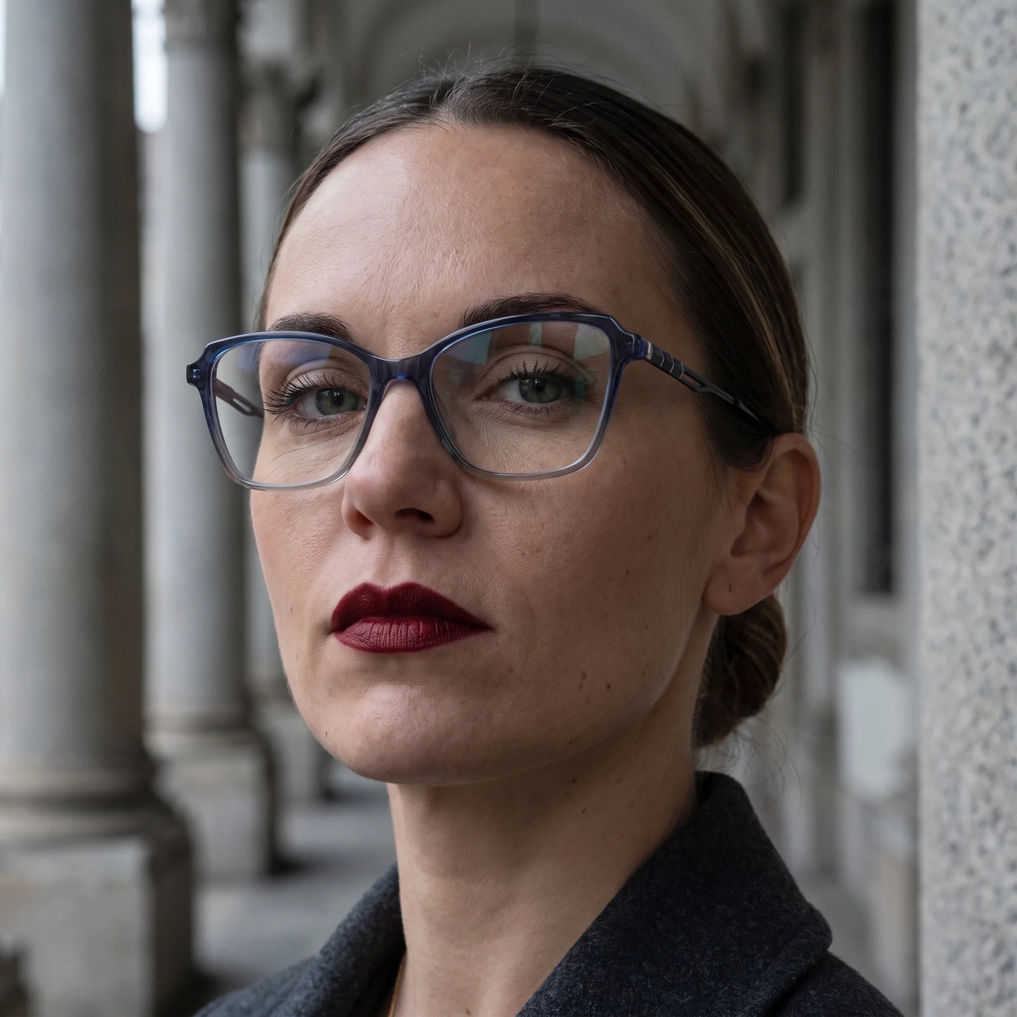 Fiore 1006 eyeglasses in blue, worn by a model – campaign portrait, moody autumn portrait between stone columns