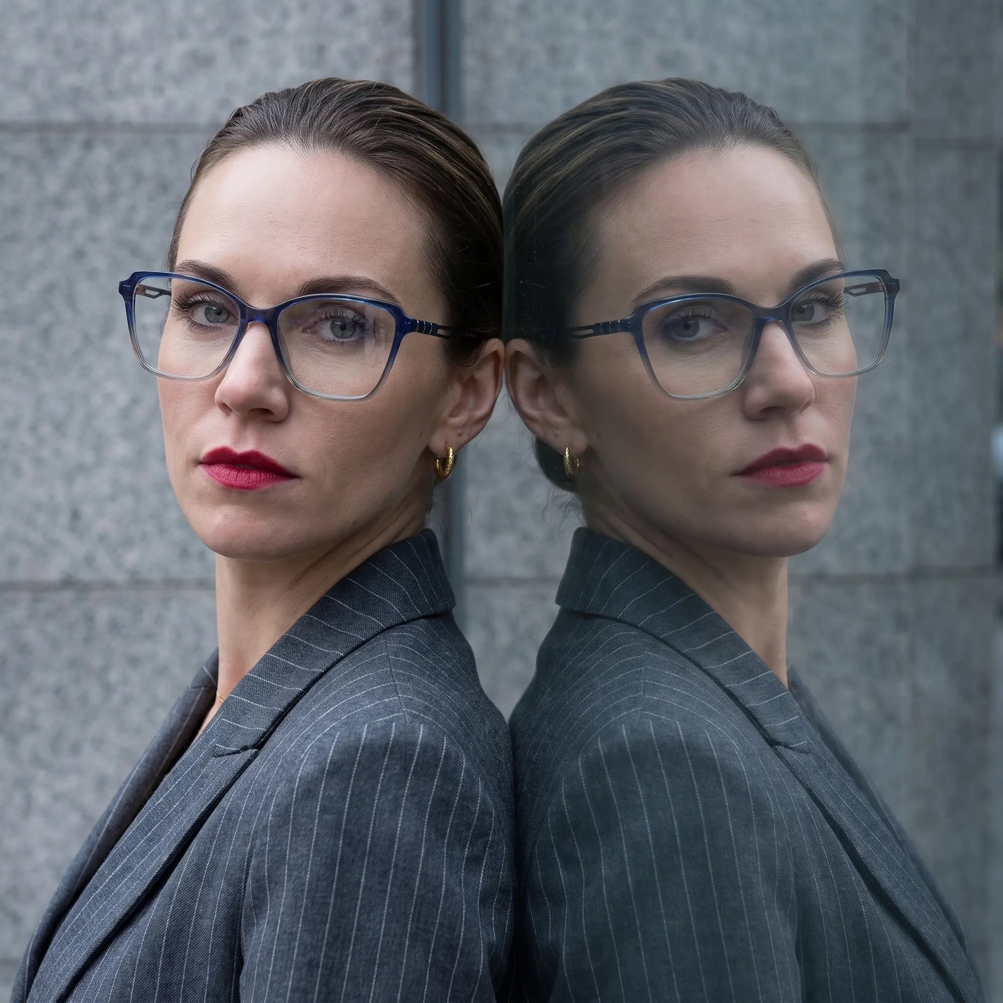 Fiore 1006 eyeglasses in blue, worn by a model – campaign portrait, overcast-city autumn street style