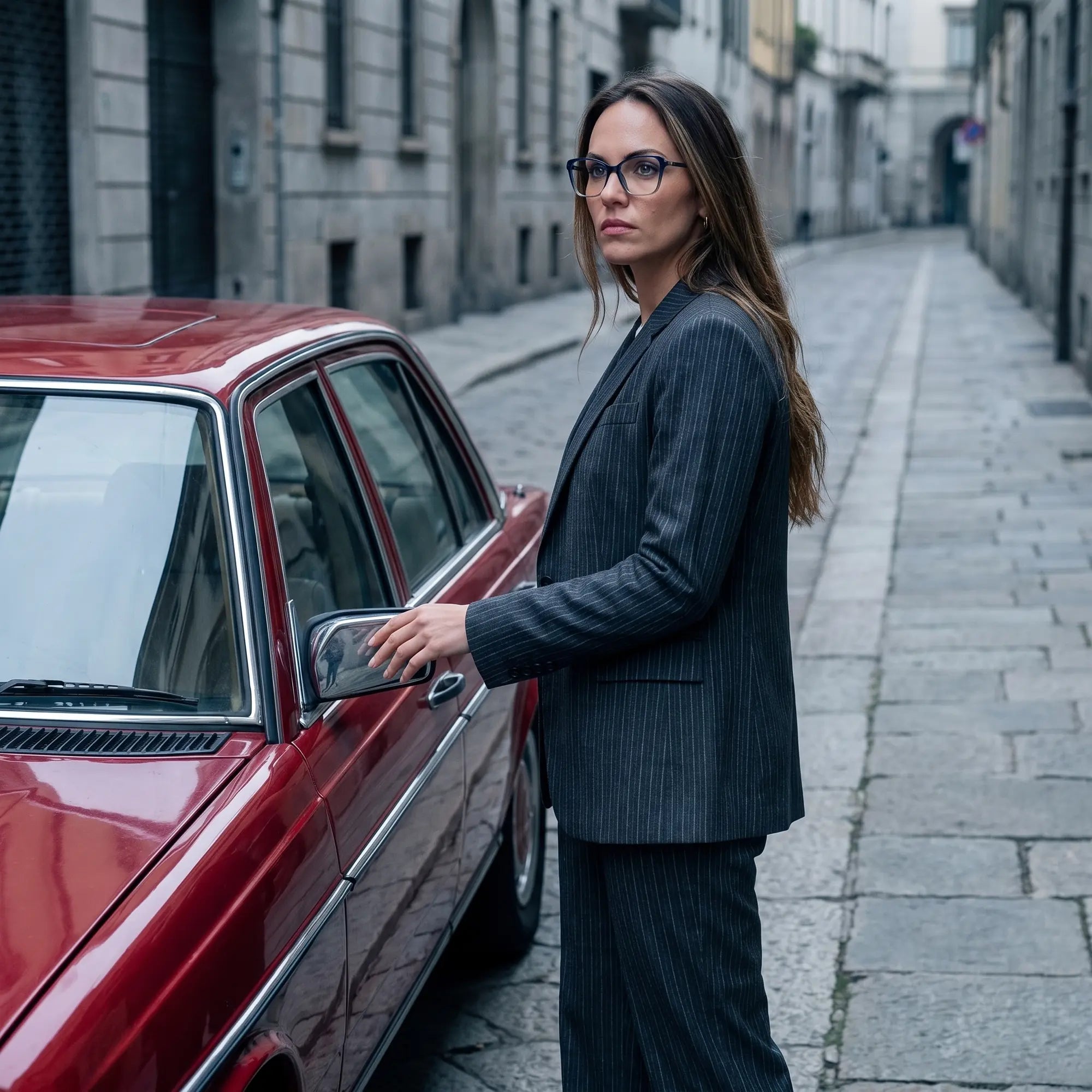 Fiore 1006 eyeglasses in blue, worn by a model – campaign portrait, pinstripe suit beside a classic red car