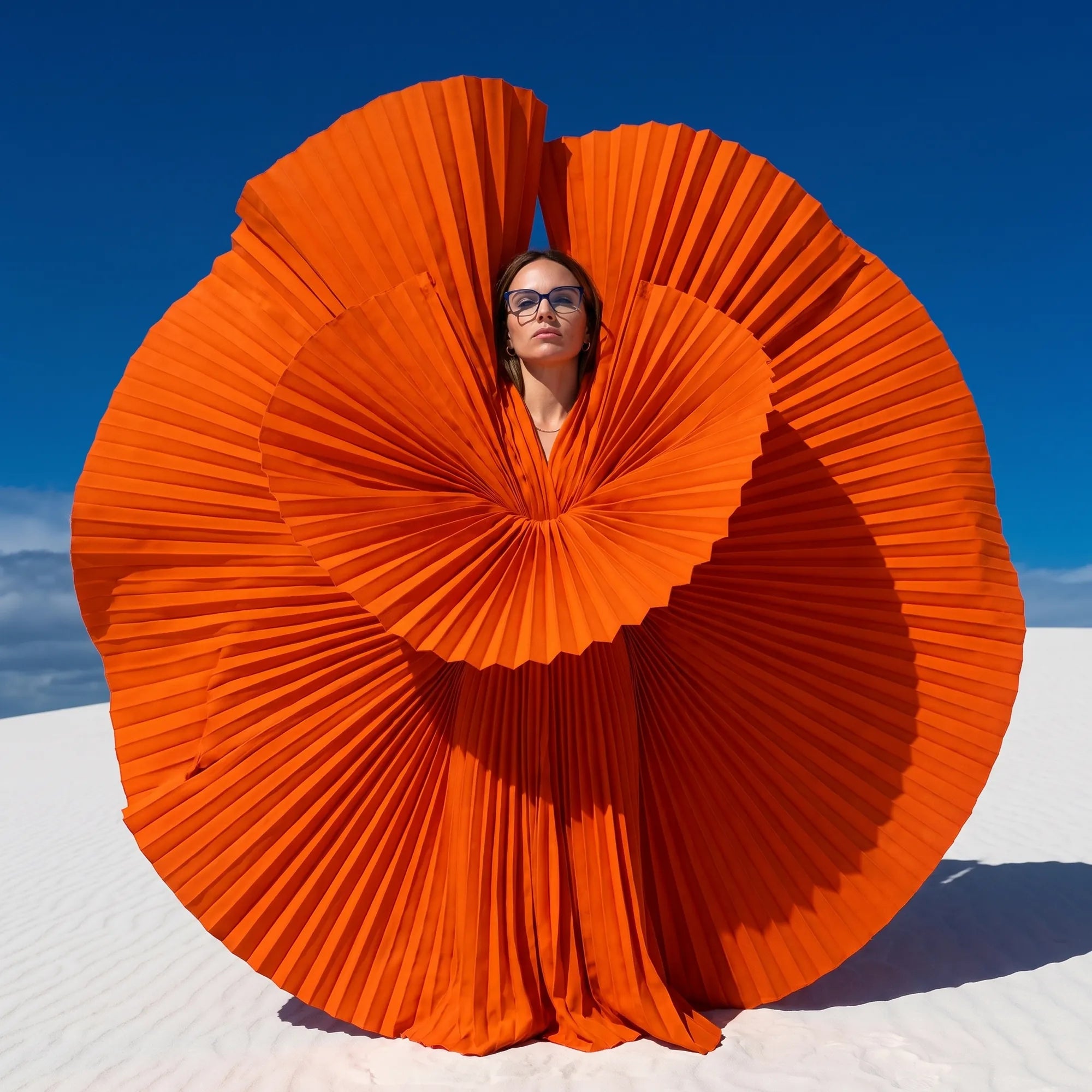 Fiore 1006 eyeglasses in blue, worn by a model – campaign portrait, sculptural orange pleated fan on white dunes