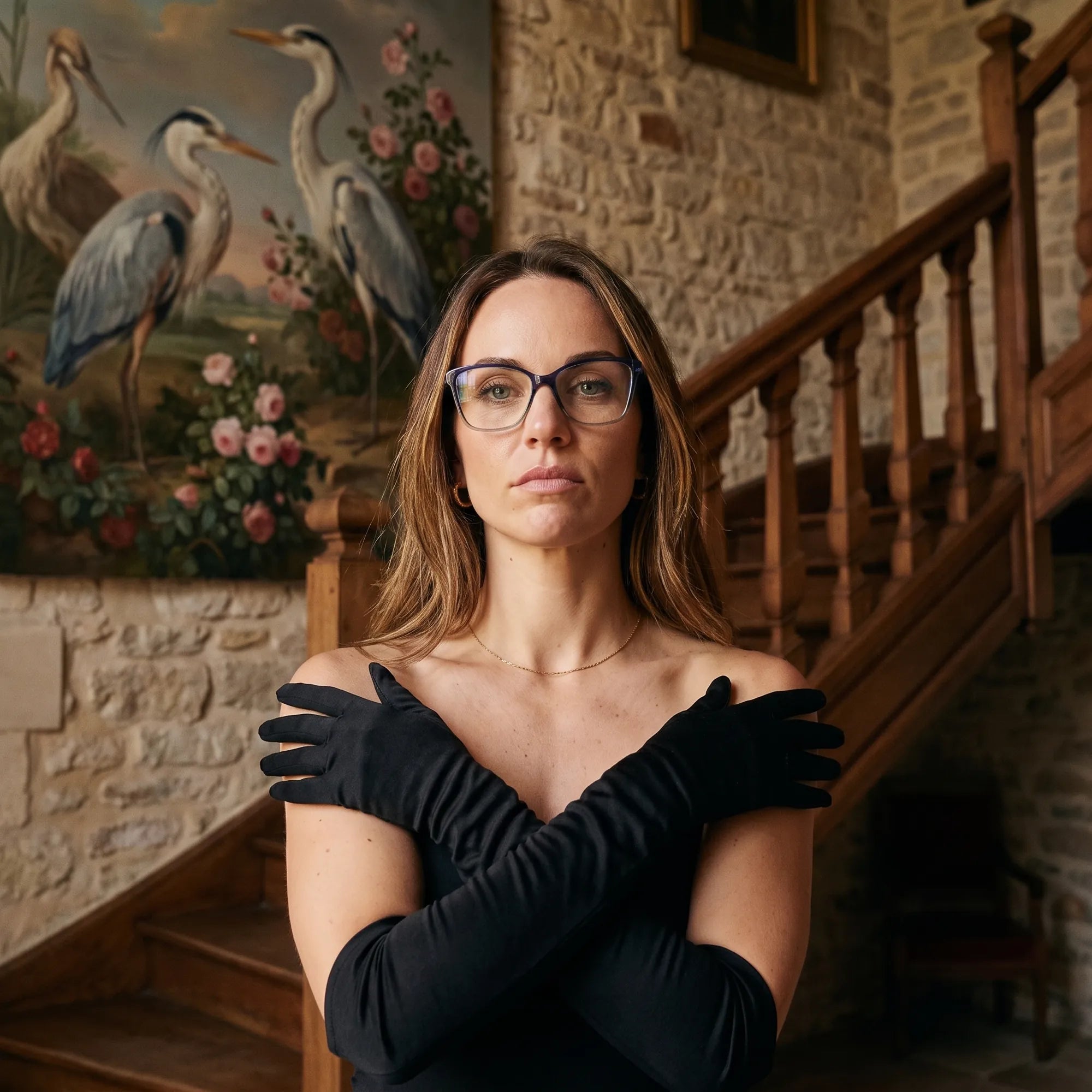 Fiore 1006 eyeglasses in blue, worn by a model – campaign portrait, manor interior, heron painting and opera gloves
