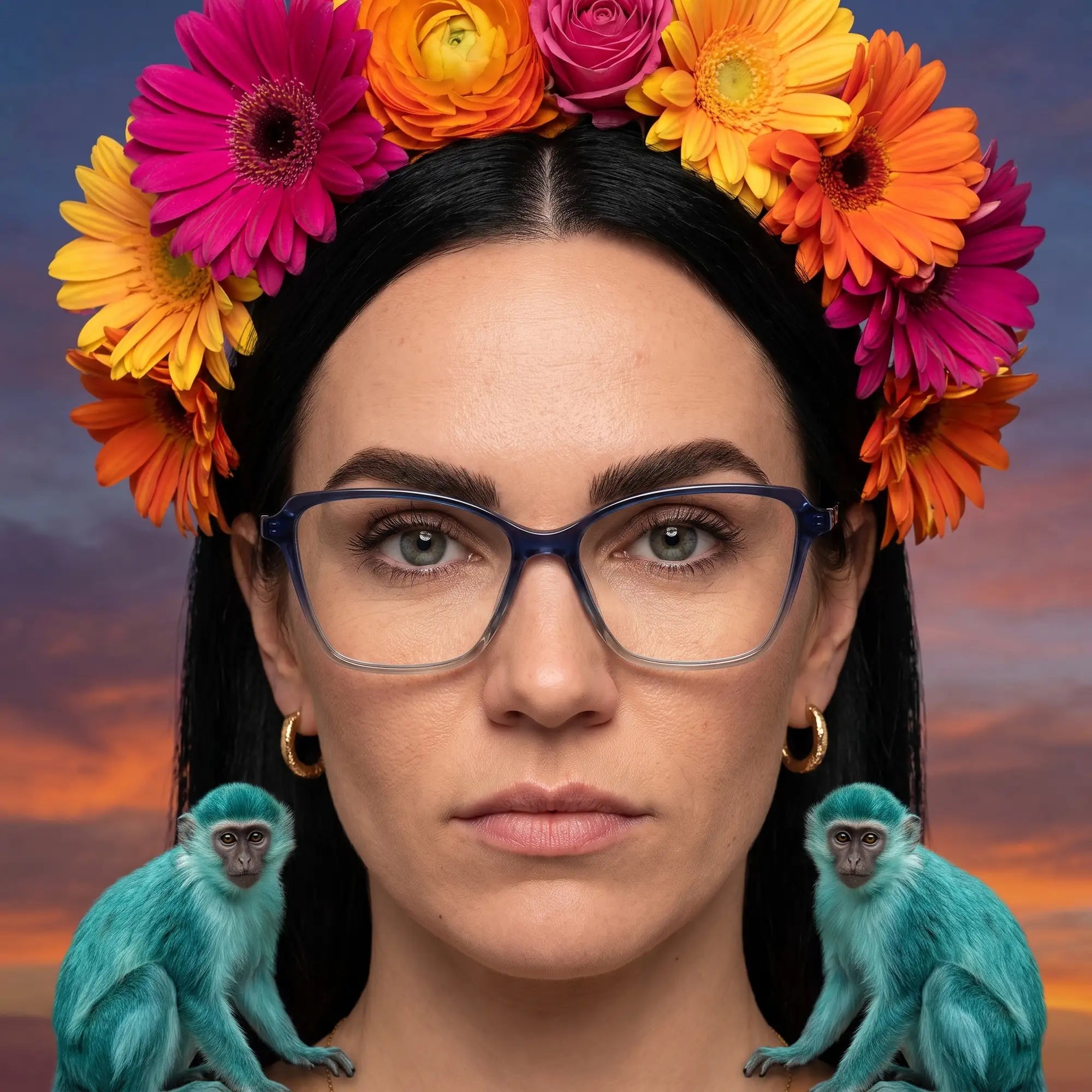 Fiore 1006 eyeglasses in blue, worn by a model – campaign portrait, surreal painted portrait with flower crown