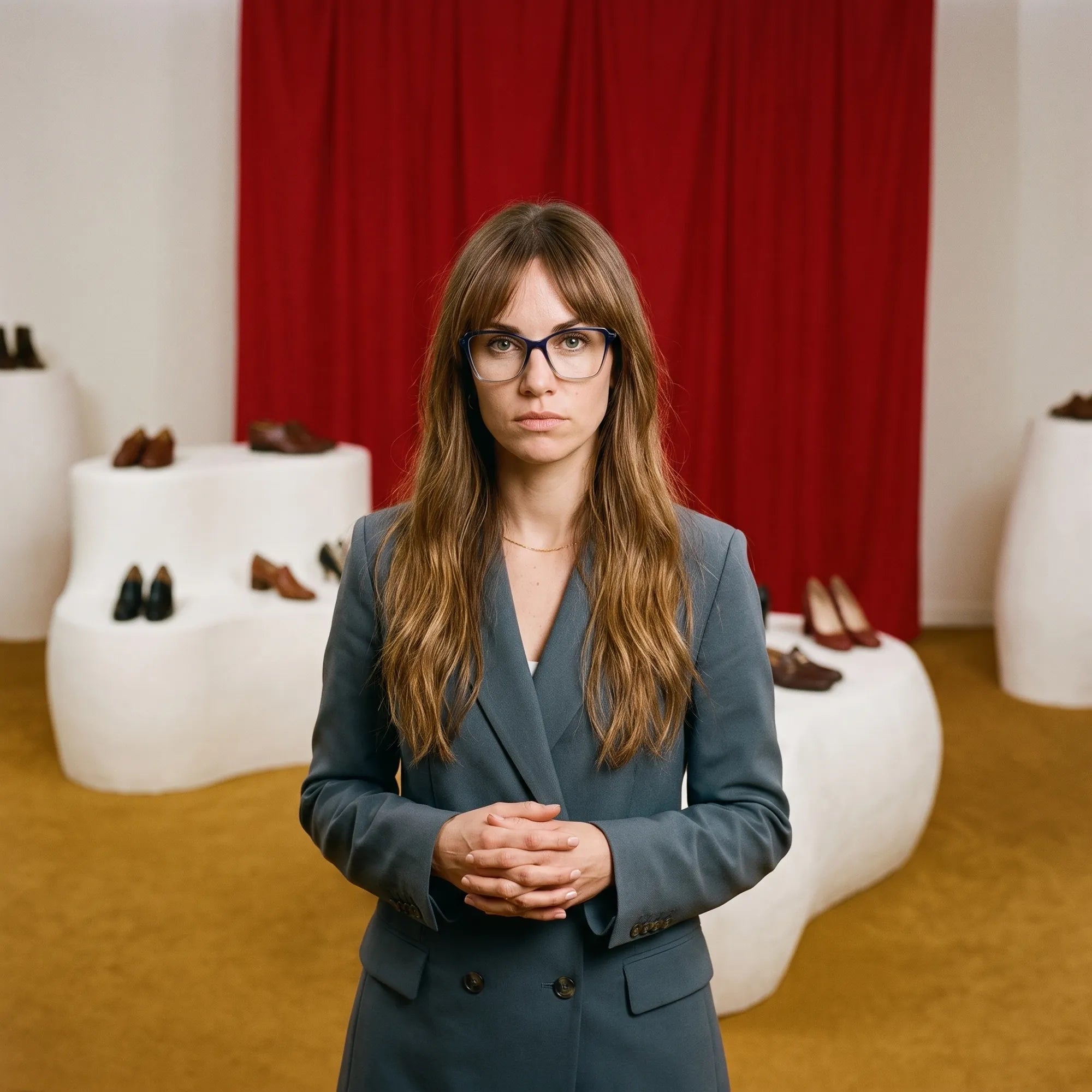 Fiore 1006 eyeglasses in blue, worn by a model – campaign portrait, gallery scene with red curtain and plinths