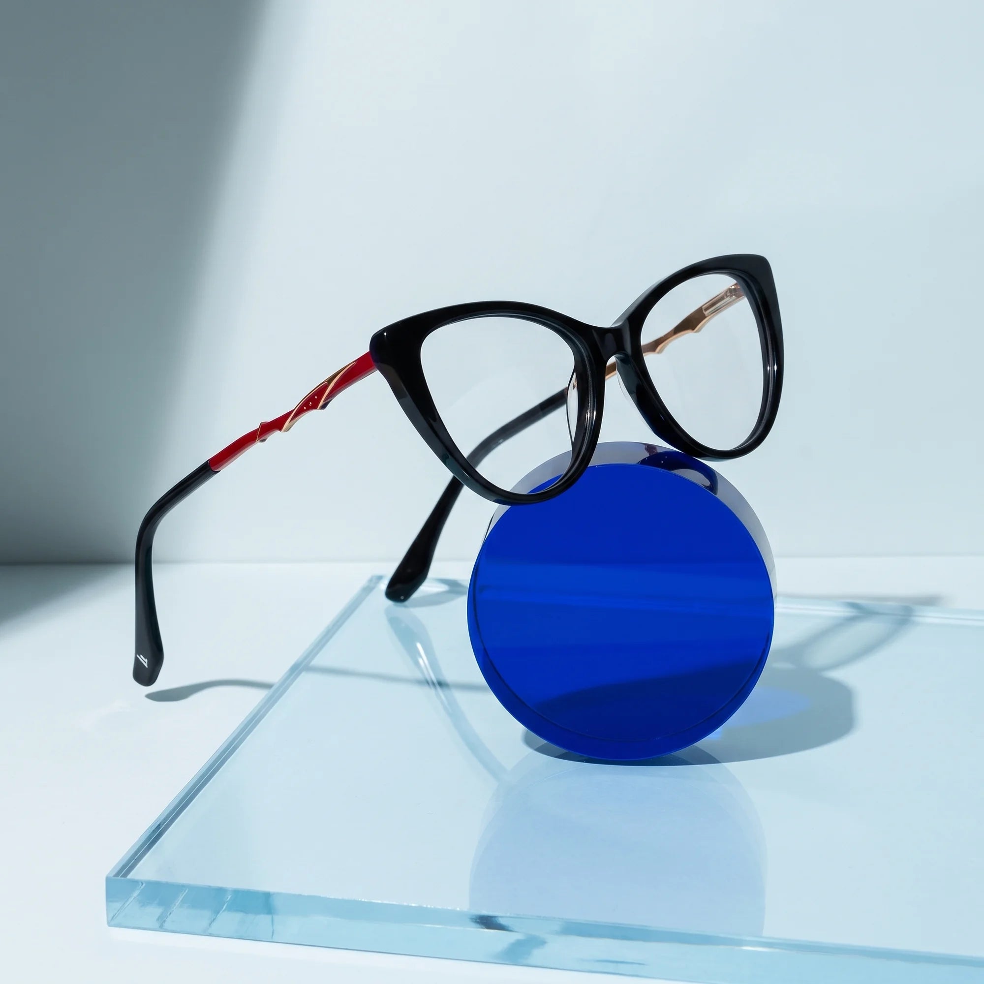 Fiore 1010 eyeglasses in black – on a cobalt acrylic disc in soft daylight