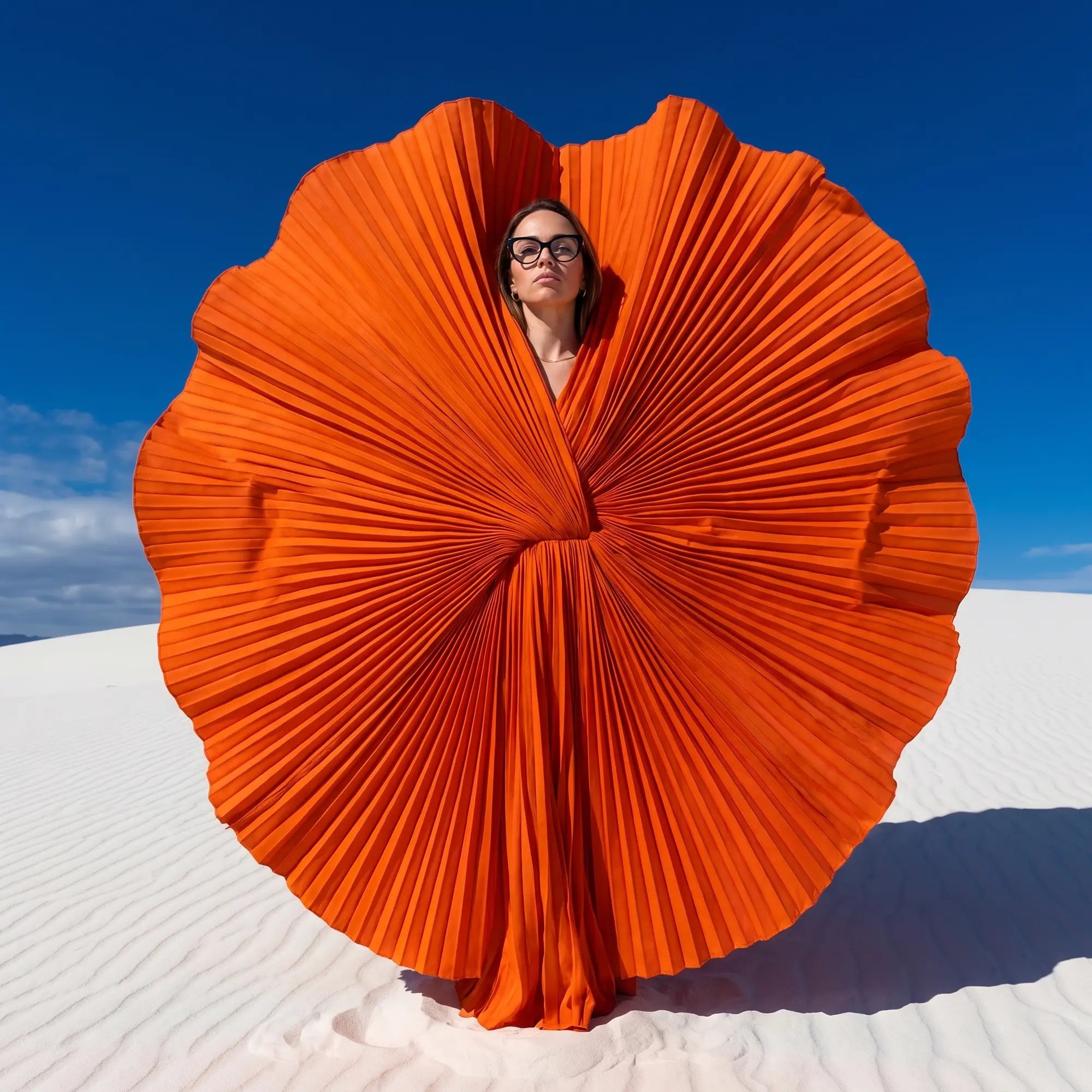 Fiore 1010 eyeglasses in black, worn by a model – campaign portrait, sculptural orange pleated fan on white dunes