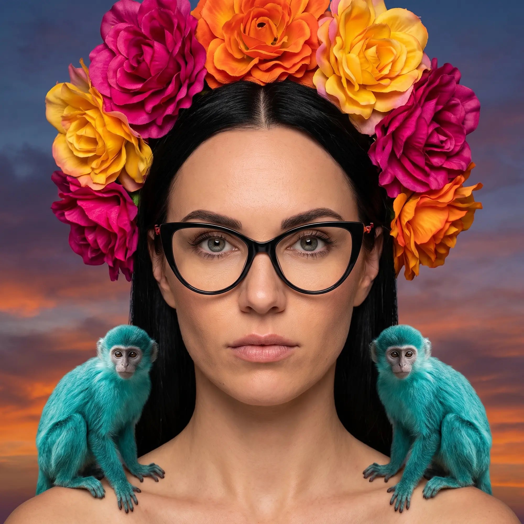 Fiore 1010 eyeglasses in black, worn by a model – campaign portrait, surreal painted portrait with flower crown