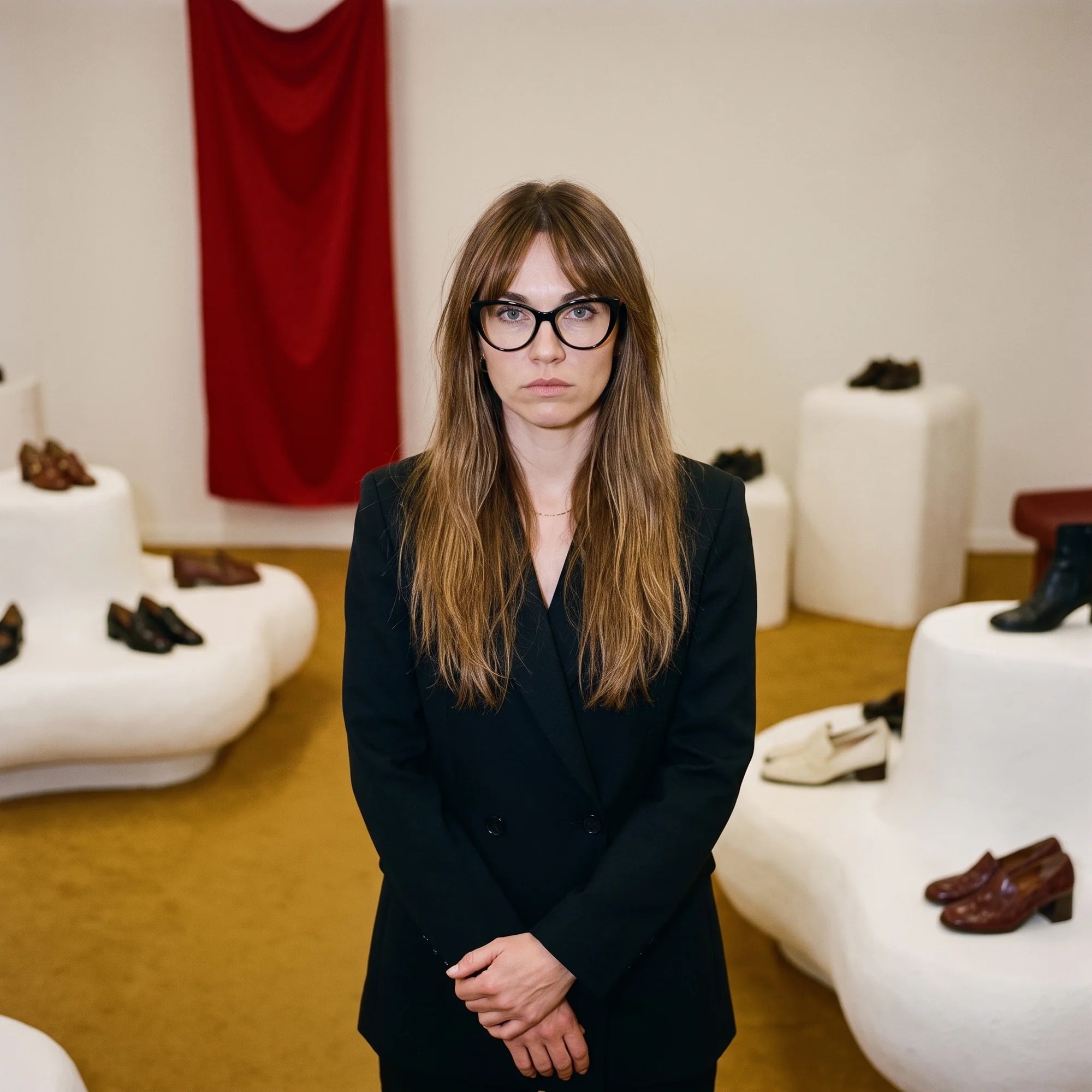 Fiore 1010 eyeglasses in black, worn by a model – campaign portrait, gallery scene with red curtain and plinths