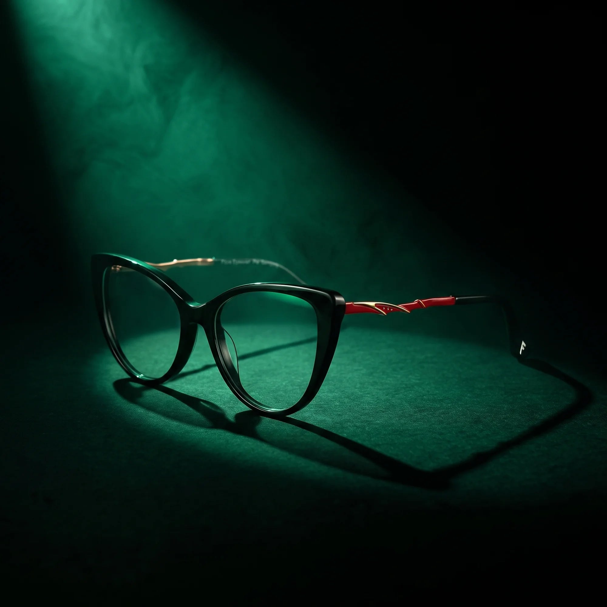 Fiore 1010 eyeglasses in black – under a theatrical beam of light