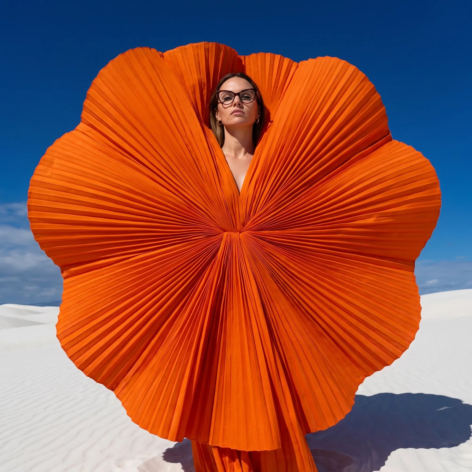 Fiore 1010 eyeglasses in red, worn by a model – campaign portrait, sculptural orange pleated fan on white dunes