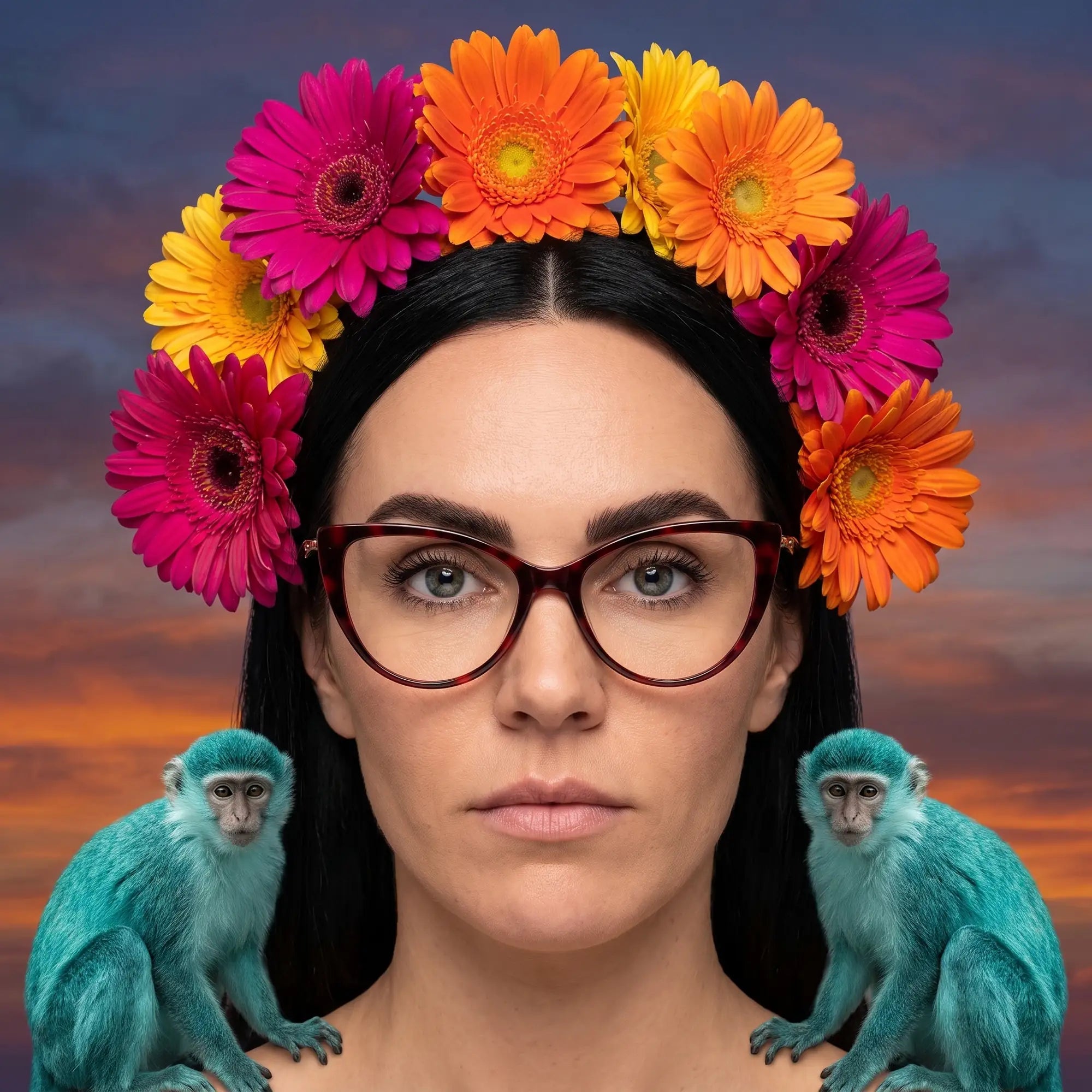 Fiore 1010 eyeglasses in red, worn by a model – campaign portrait, surreal painted portrait with flower crown