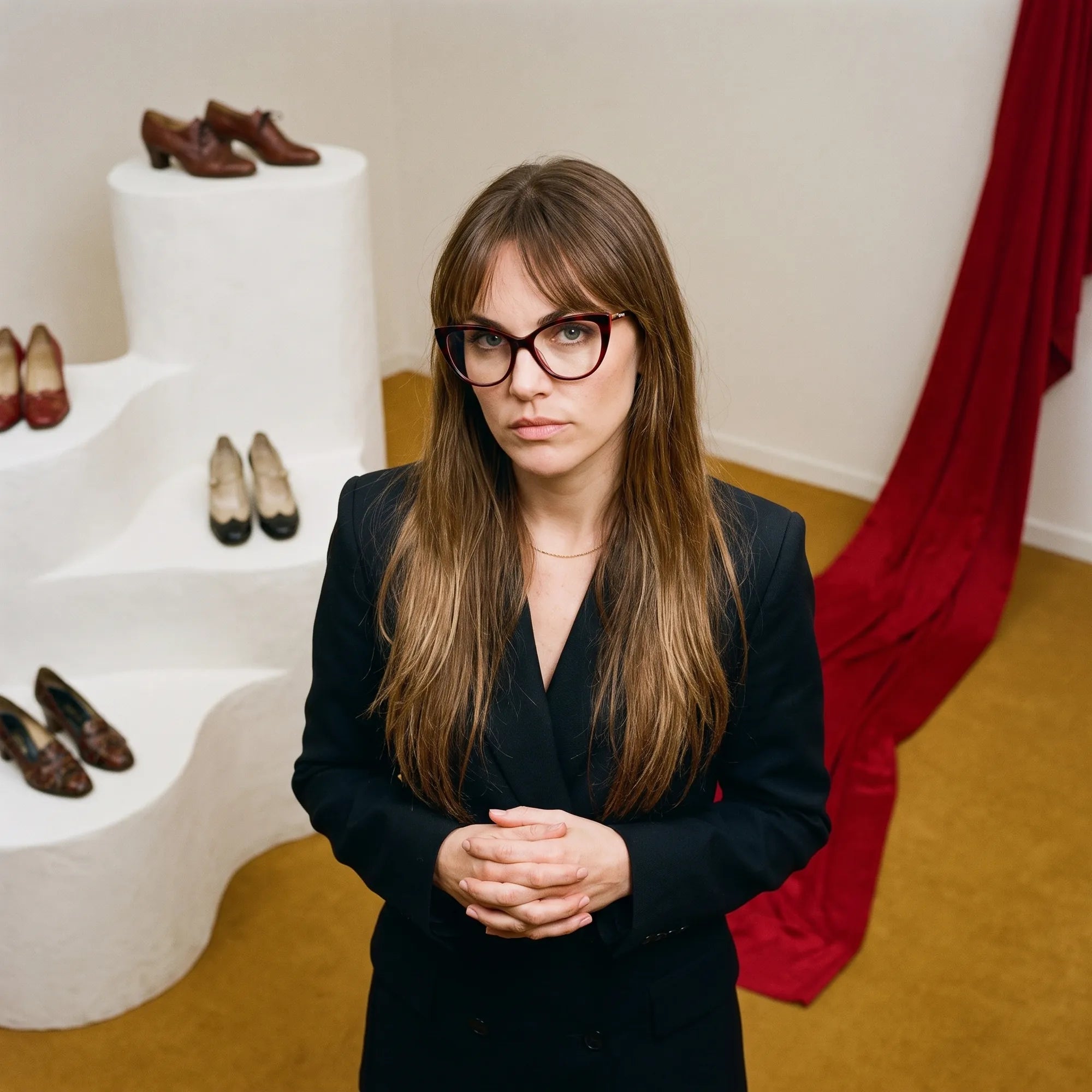 Fiore 1010 eyeglasses in red, worn by a model – campaign portrait, gallery scene with red curtain and plinths