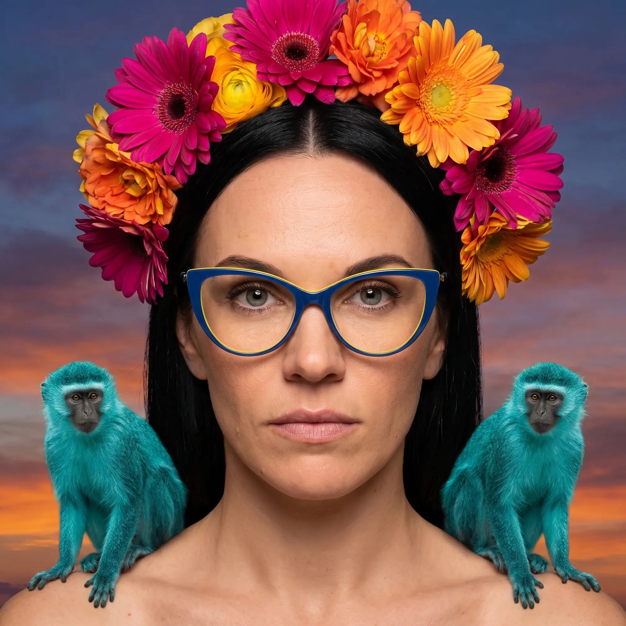 Fiore 1010 eyeglasses in blue green, worn by a model – campaign portrait, surreal painted portrait with flower crown