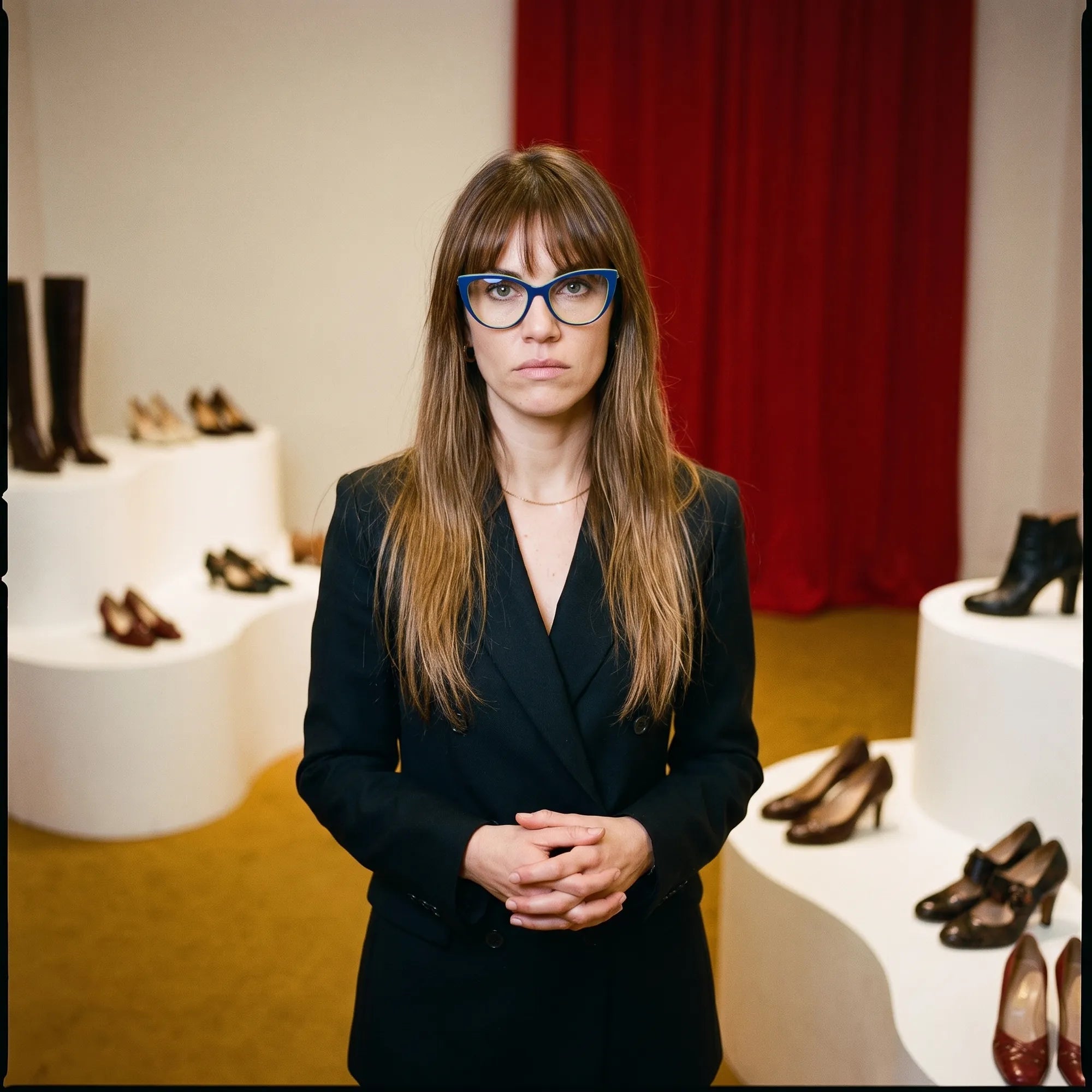 Fiore 1010 eyeglasses in blue green, worn by a model – campaign portrait, gallery scene with red curtain and plinths