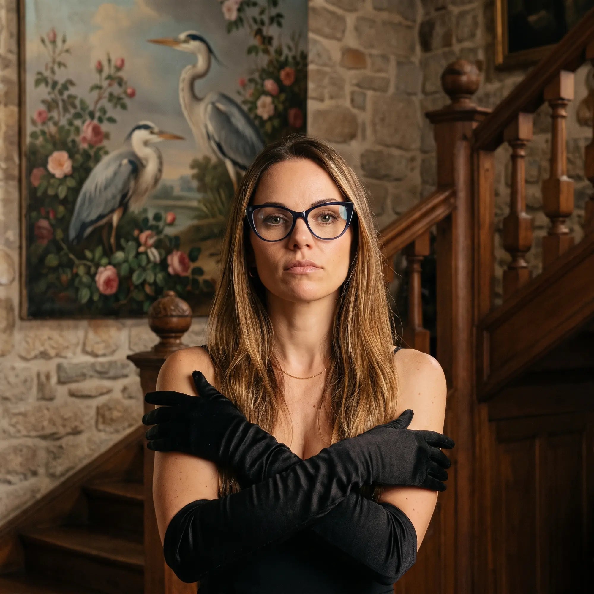 Fiore 1010 eyeglasses in blue, worn by a model – campaign portrait, manor interior, heron painting and opera gloves