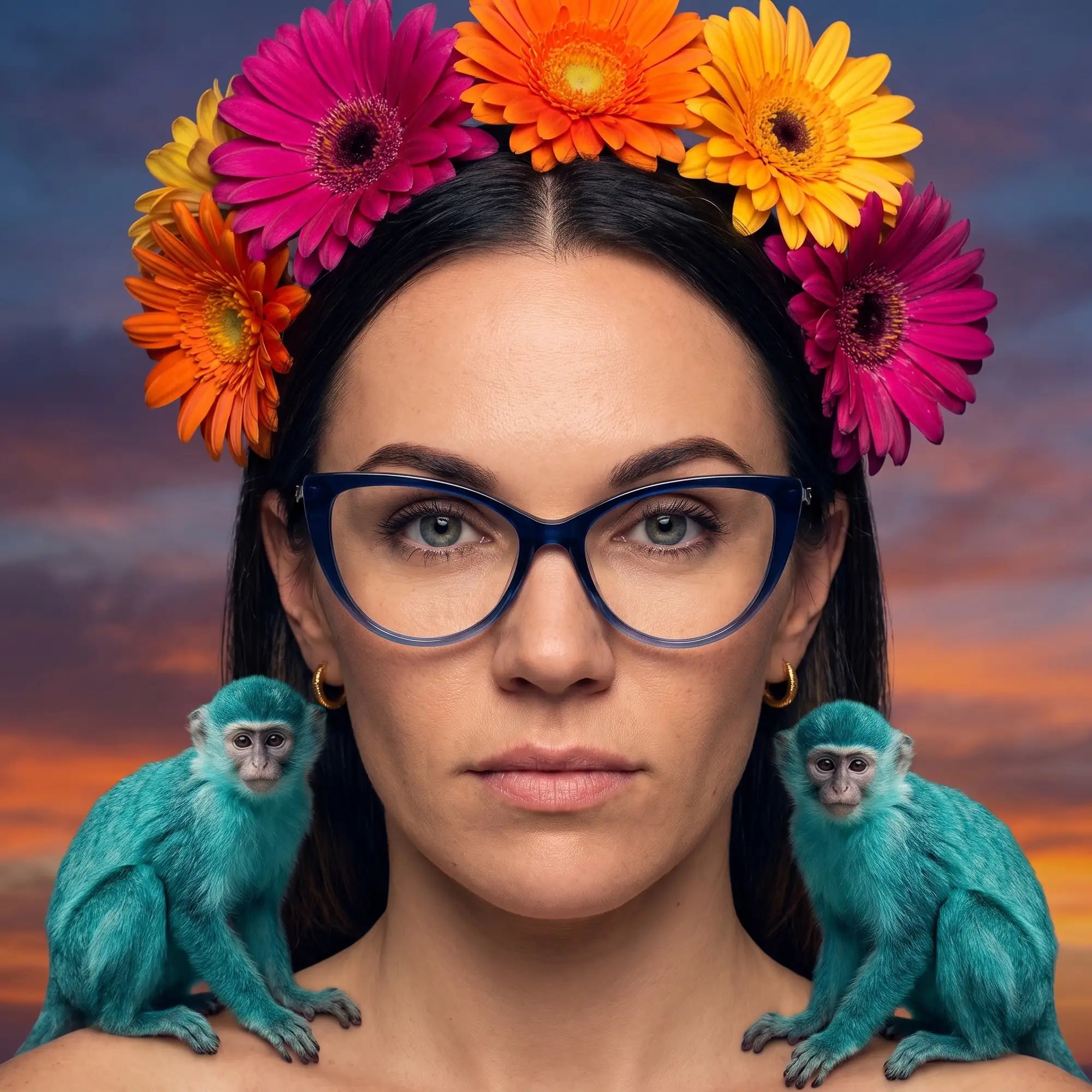Fiore 1010 eyeglasses in blue, worn by a model – campaign portrait, surreal painted portrait with flower crown