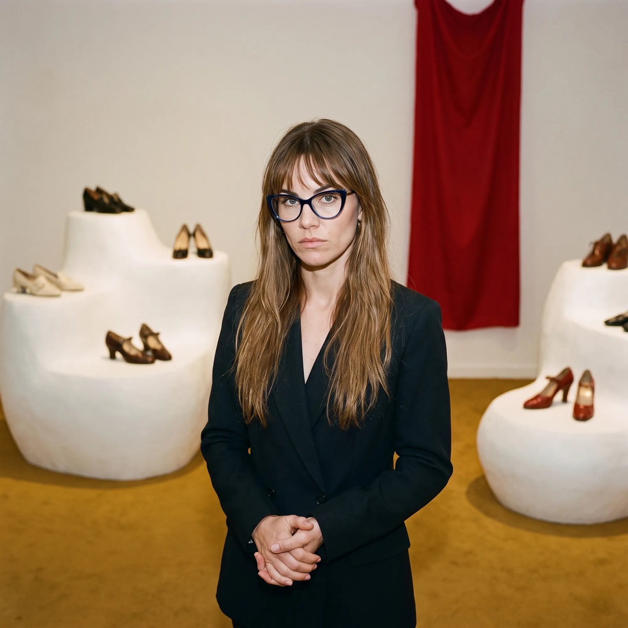 Fiore 1010 eyeglasses in blue, worn by a model – campaign portrait, gallery scene with red curtain and plinths