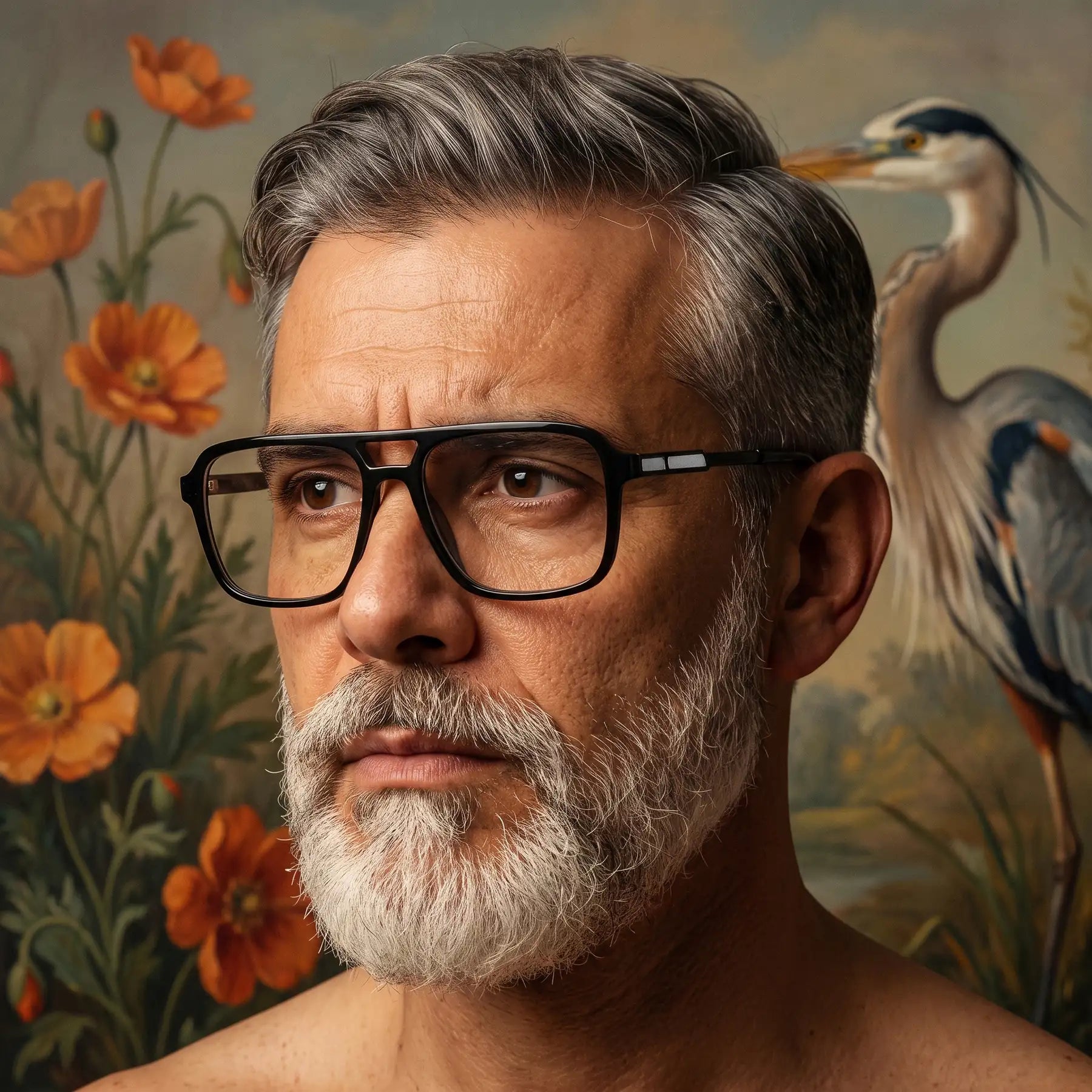 Fiore 1014 eyeglasses in black, worn by a model – campaign portrait, silver-bearded portrait against a botanical mural