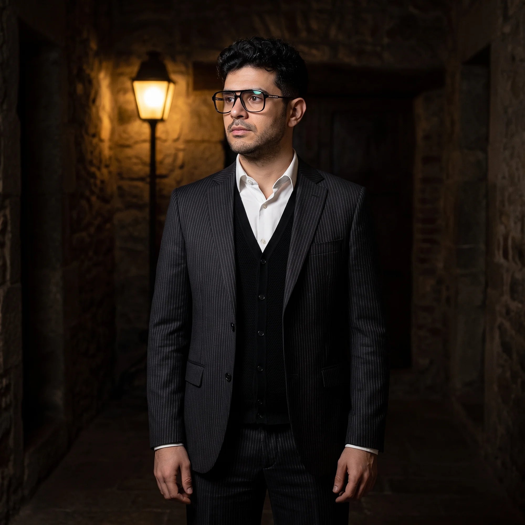 Fiore 1014 eyeglasses in black, worn by a model – campaign portrait, manor interior, heron painting and opera gloves