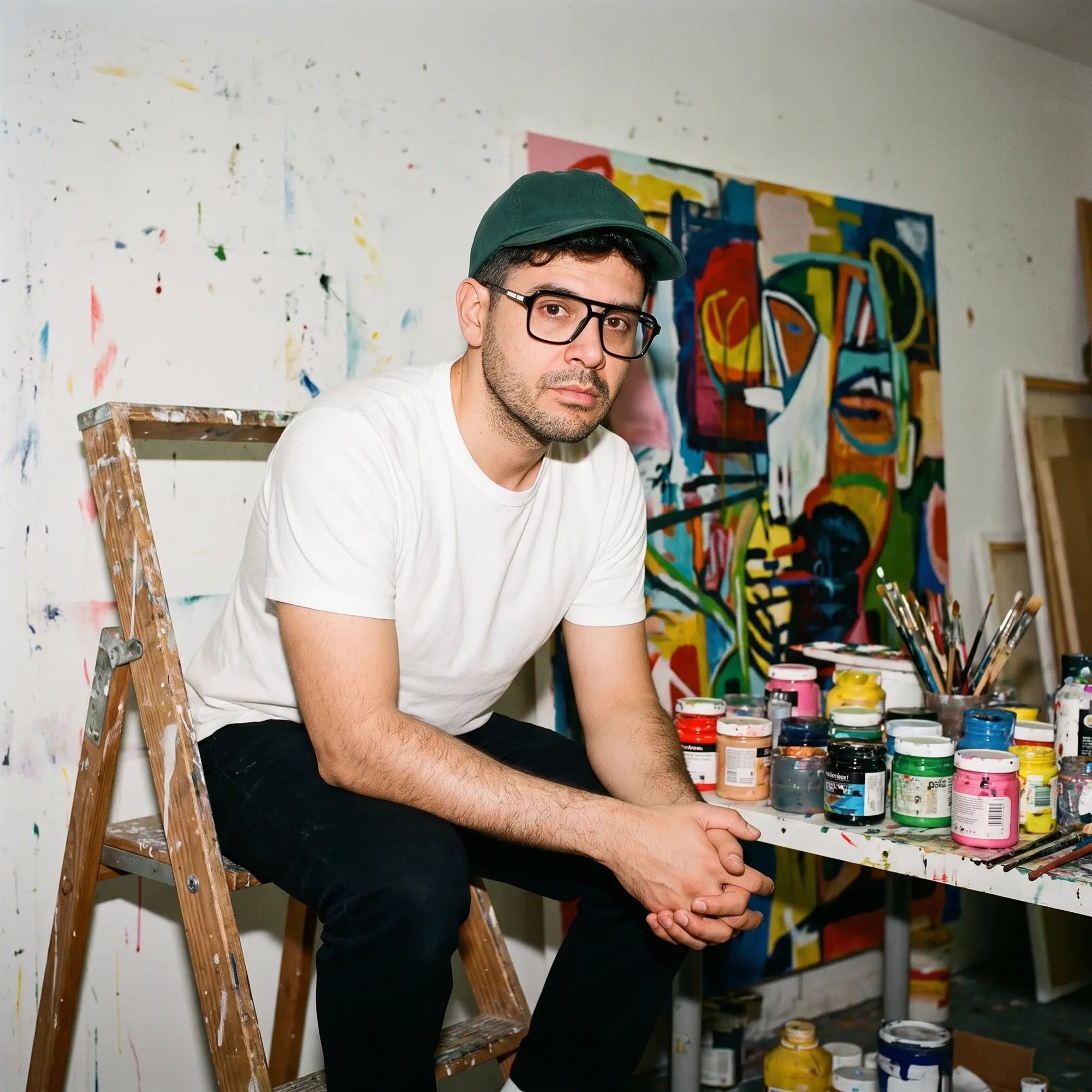 Fiore 1014 eyeglasses in black, worn by a model – campaign portrait, painter portrait in a paint-splattered studio