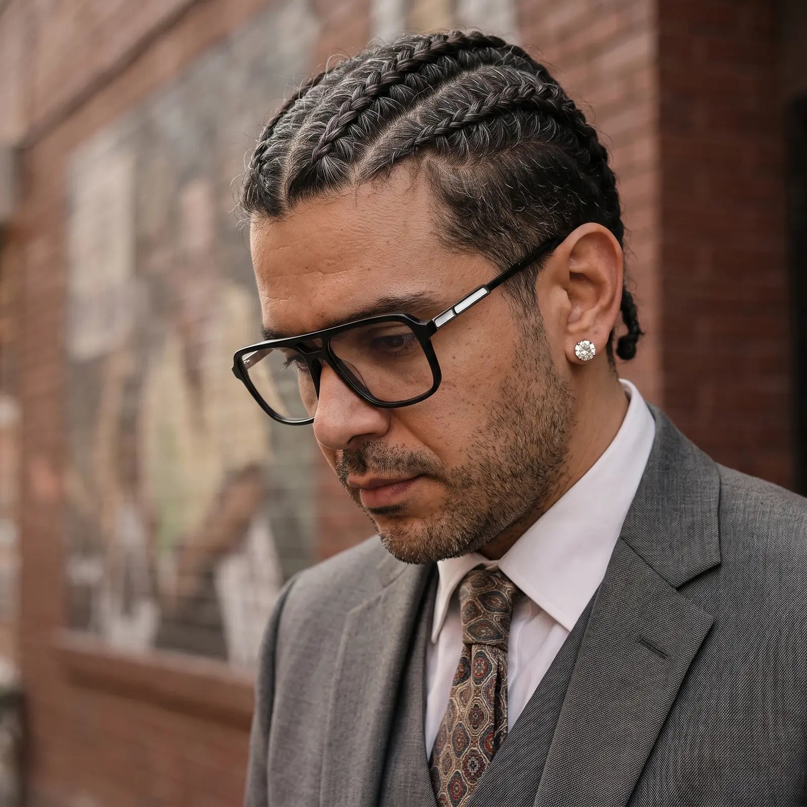 Fiore 1014 eyeglasses in black, worn by a model – campaign portrait, pensive portrait against a painted brick mural