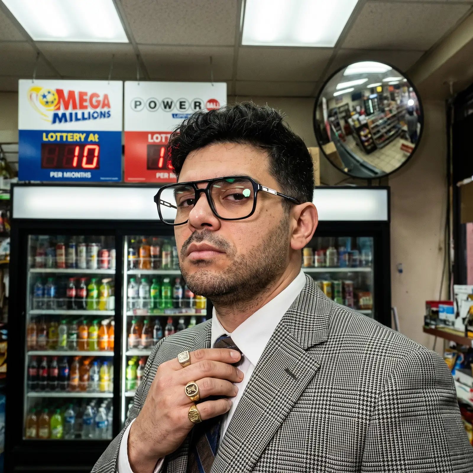 Fiore 1014 eyeglasses in black, worn by a model – campaign portrait, city heritage portrait on a mural wall