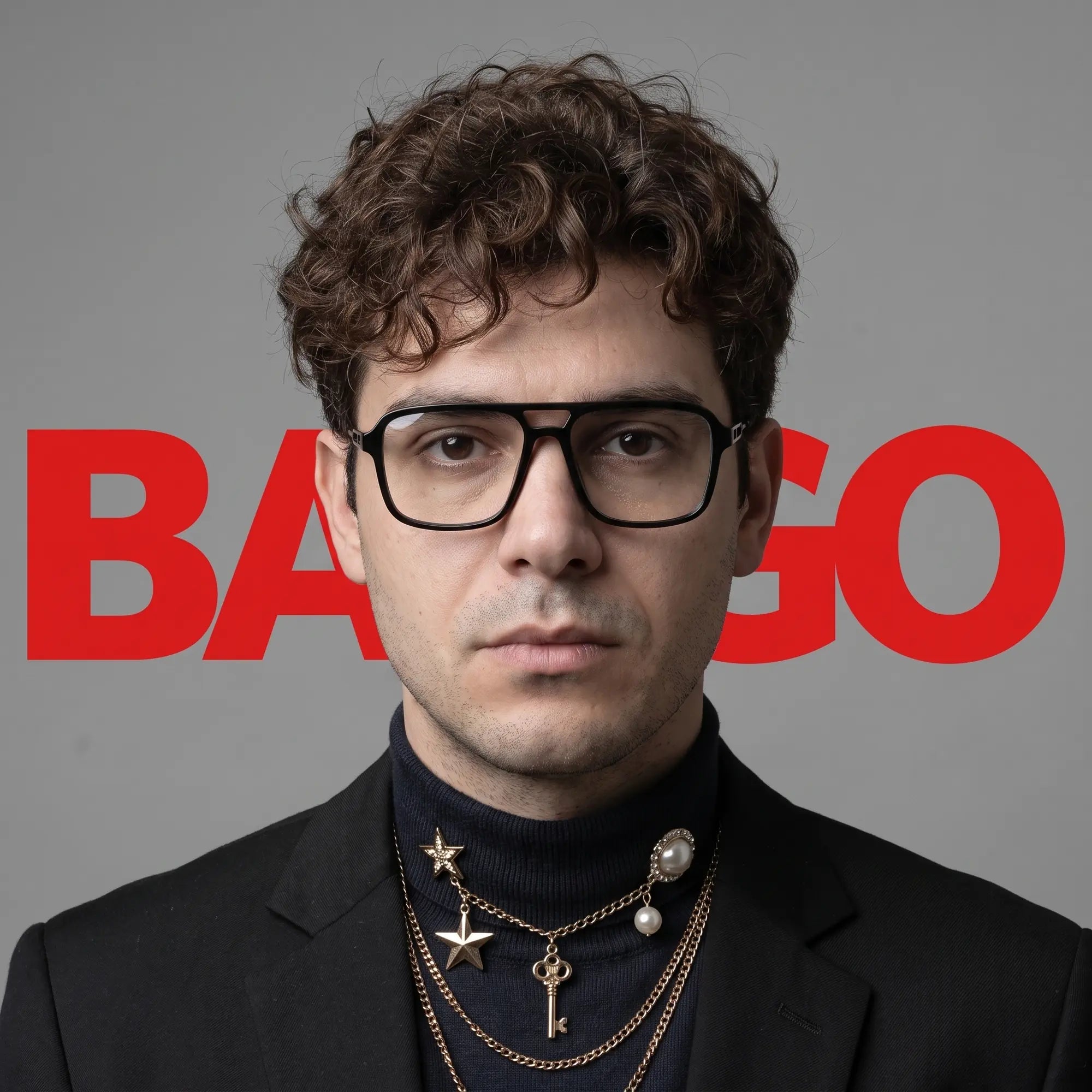 Fiore 1014 eyeglasses in black, worn by a model – campaign portrait, graphic studio portrait with bold red shapes