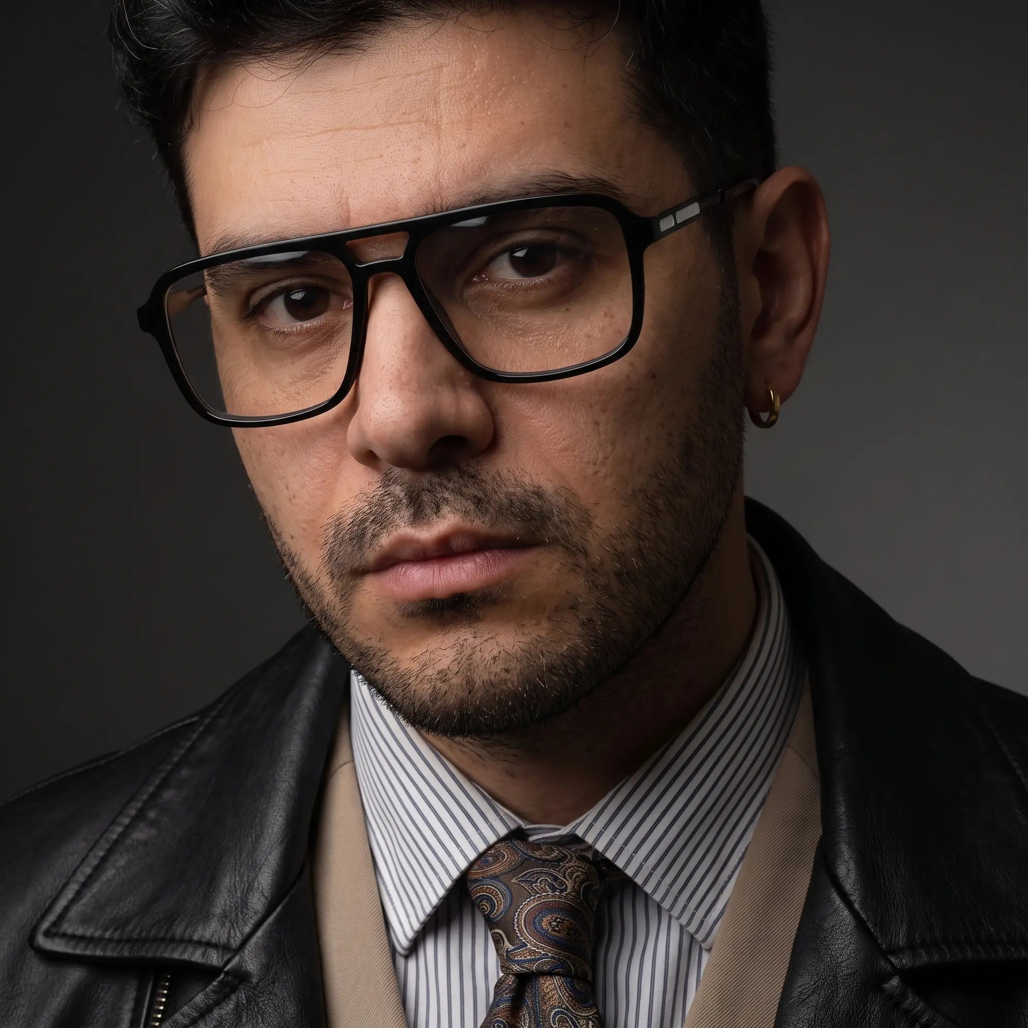 Fiore 1014 eyeglasses in black, worn by a model – campaign portrait, minimal studio portrait in soft daylight