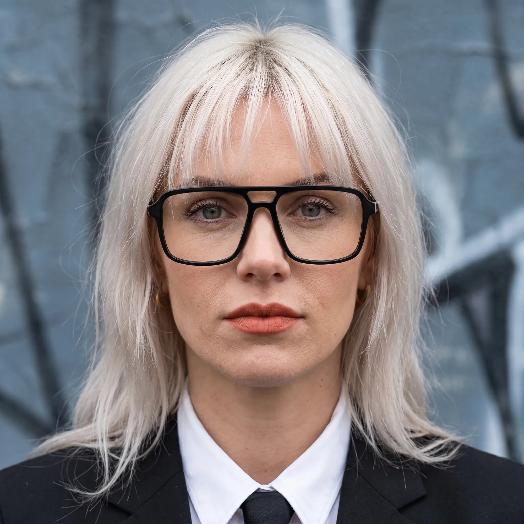 Fiore 1014 eyeglasses in black, worn by a model – campaign portrait, confident portrait with gold chain necklace