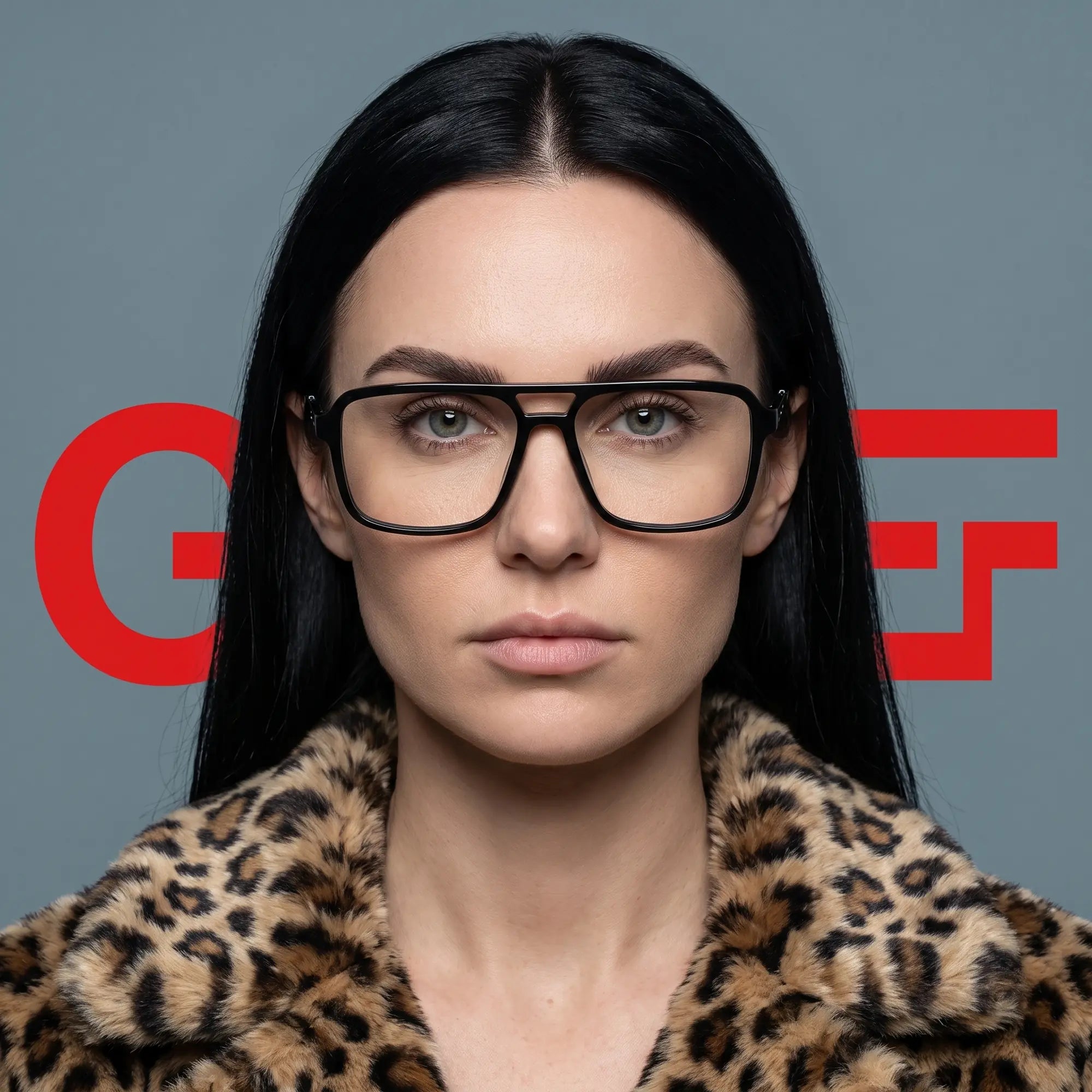 Fiore 1014 eyeglasses in black, worn by a model – campaign portrait, studio portrait with sculptural styling