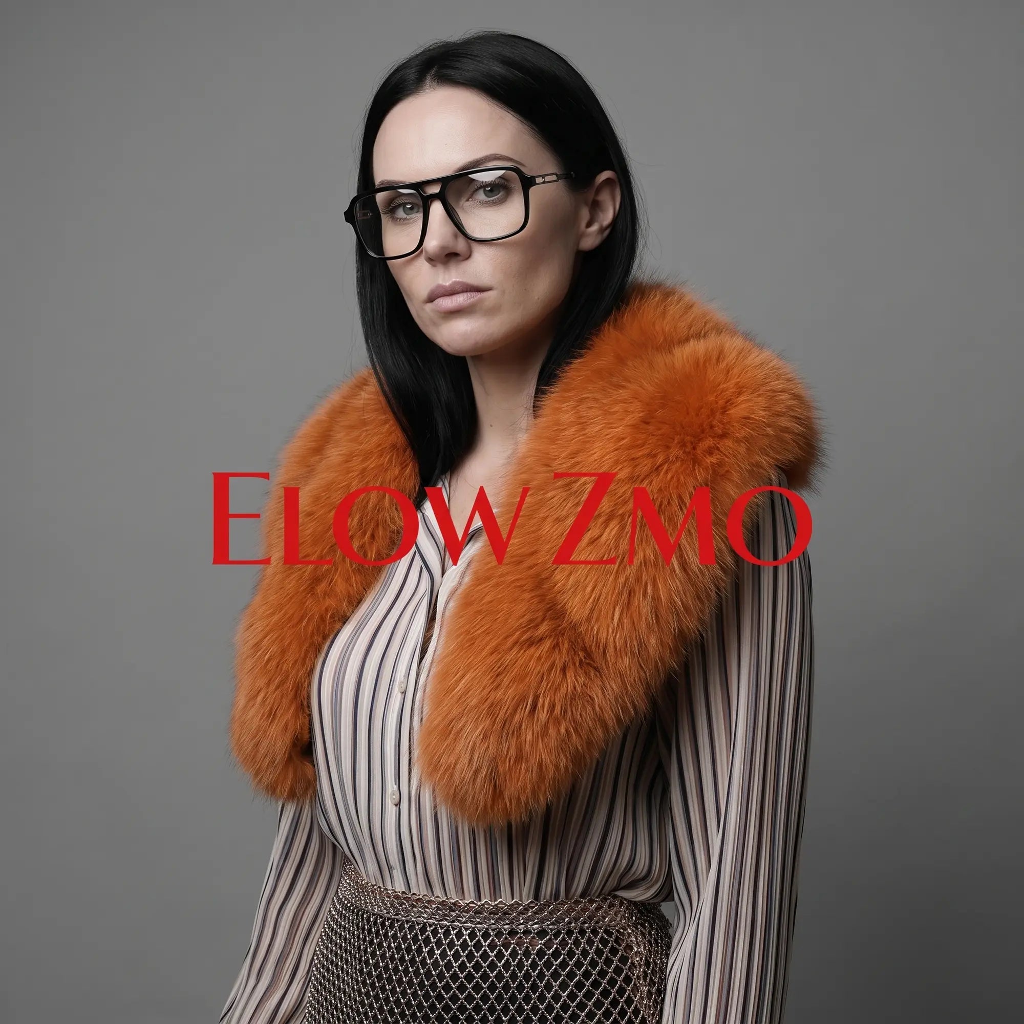 Fiore 1014 eyeglasses in black, worn by a model – campaign portrait, bold studio pose in vintage tweed
