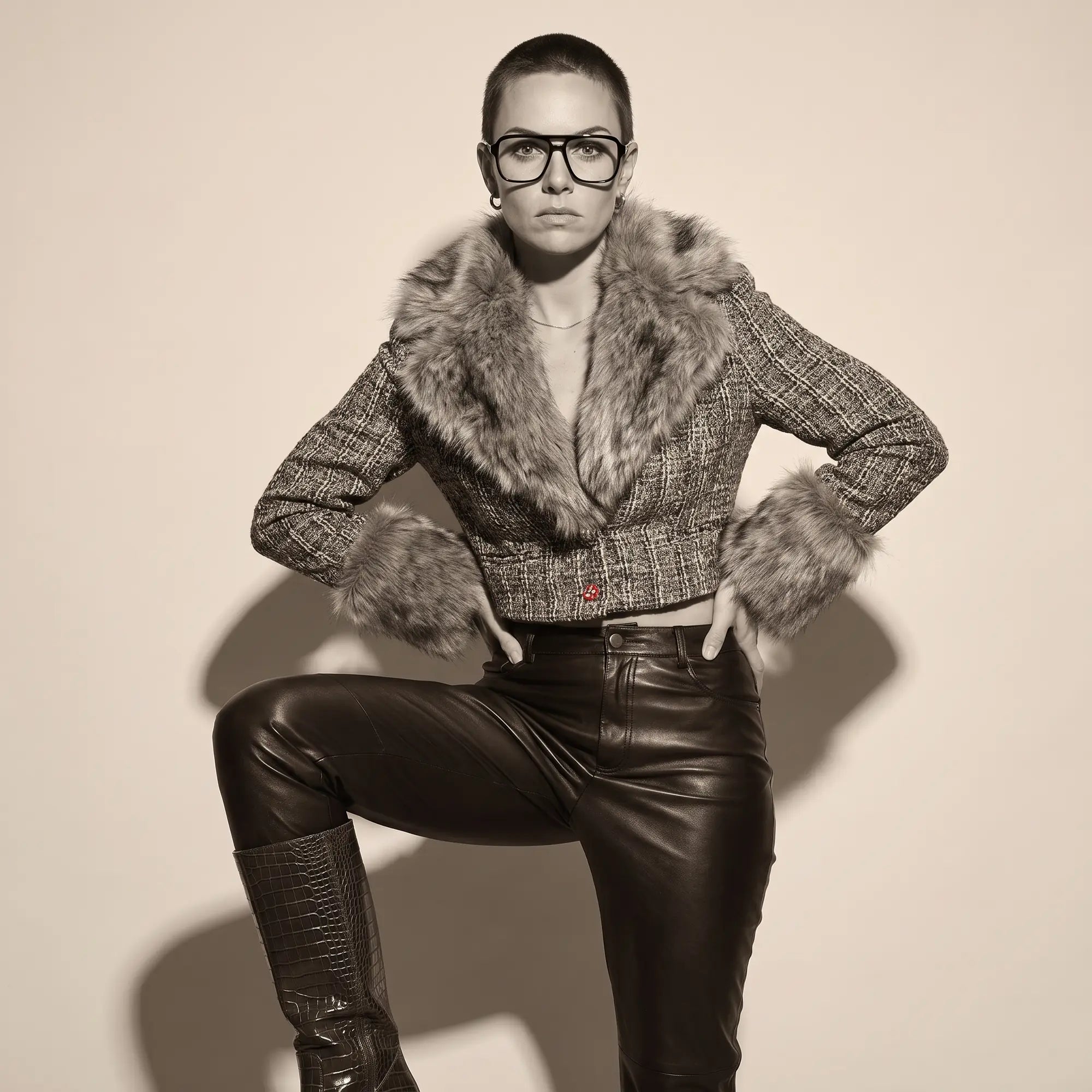 Fiore 1014 eyeglasses in black, worn by a model – campaign portrait, full-length studio portrait in tweed and leather