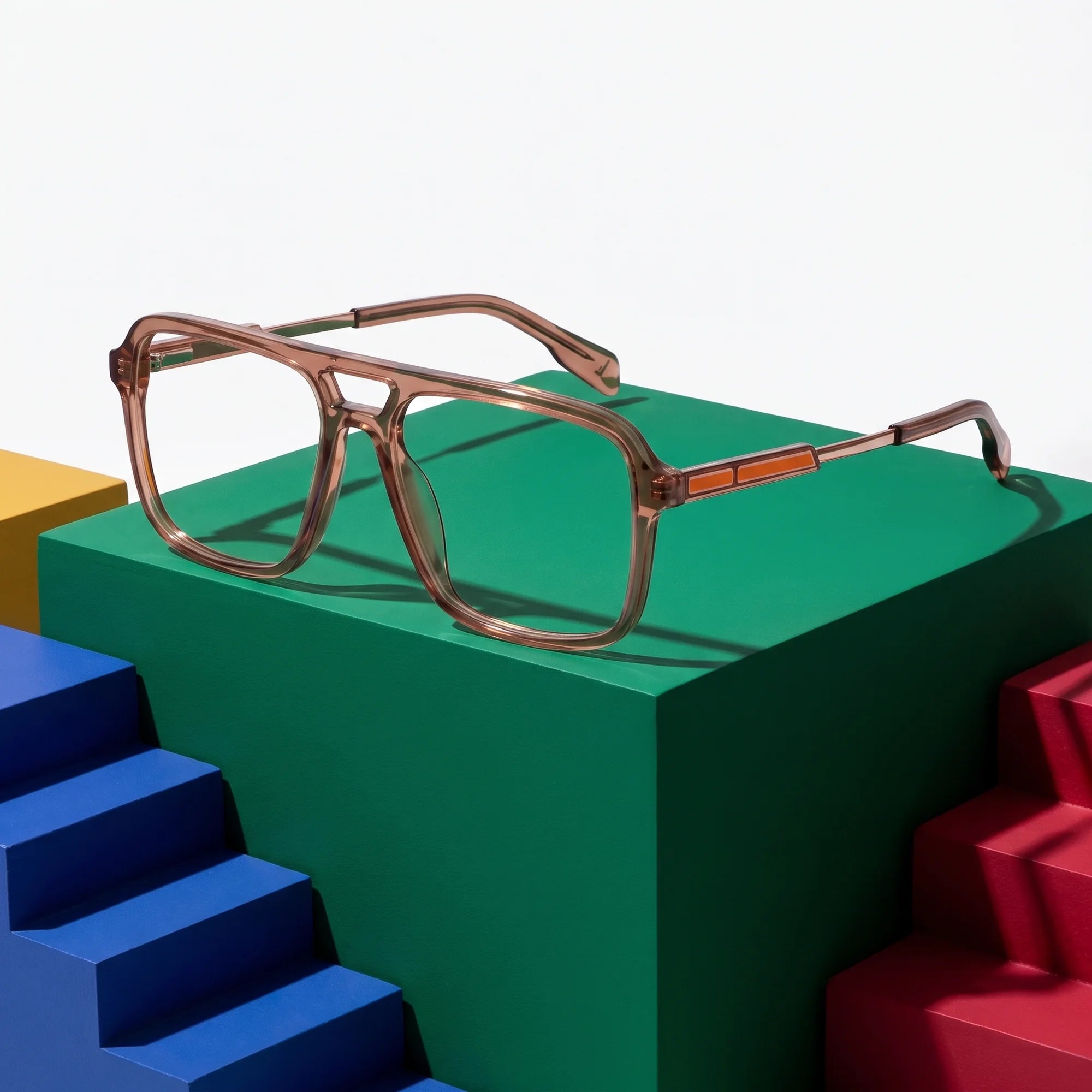 Fiore 1014 eyeglasses in brown – on bold primary color-block steps