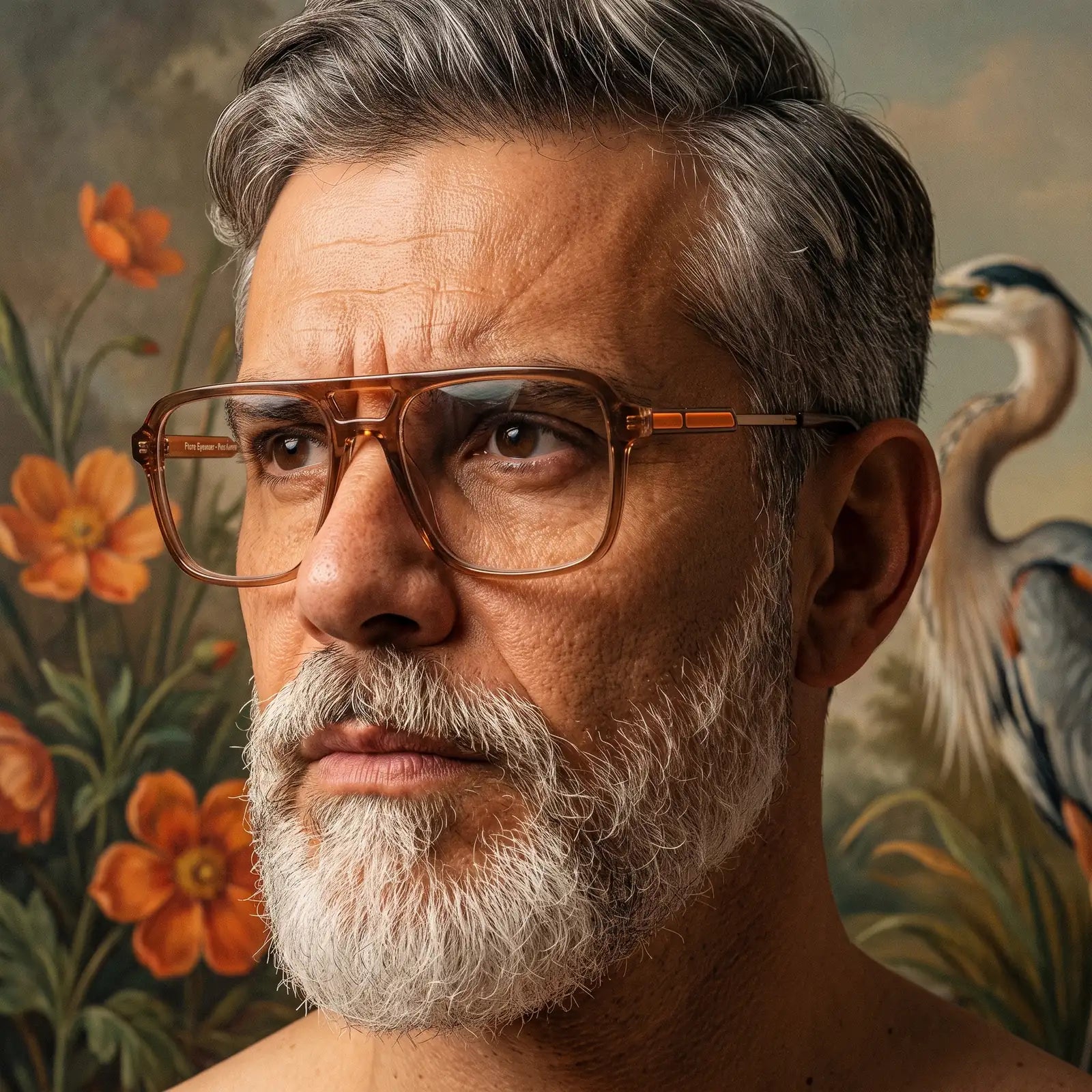 Fiore 1014 eyeglasses in brown, worn by a model – campaign portrait, silver-bearded portrait against a botanical mural