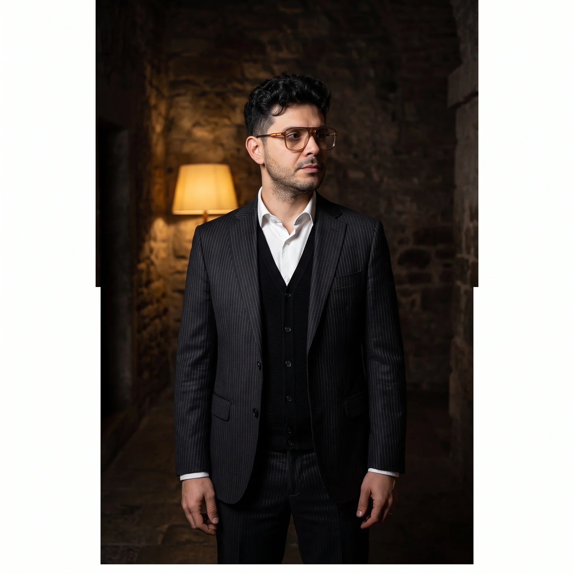 Fiore 1014 eyeglasses in brown, worn by a model – campaign portrait, manor interior, heron painting and opera gloves