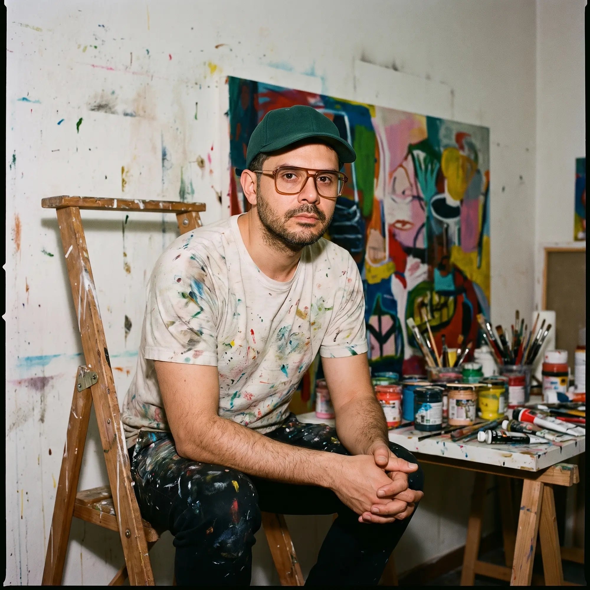 Fiore 1014 eyeglasses in brown, worn by a model – campaign portrait, painter portrait in a paint-splattered studio